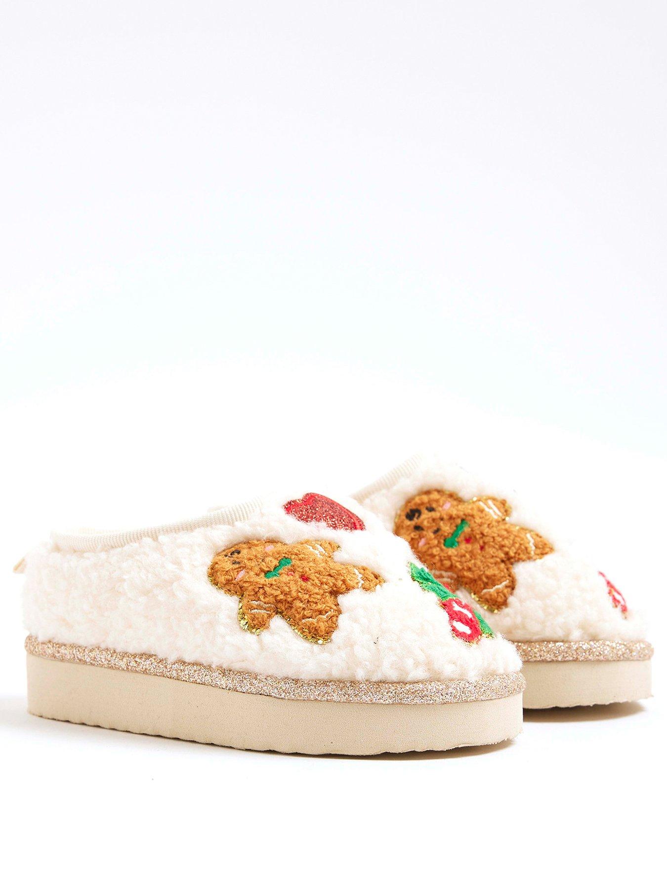 Image 2 of 5 of River Island Older Girls Christmas Gingerbread Man Slippers - Cream