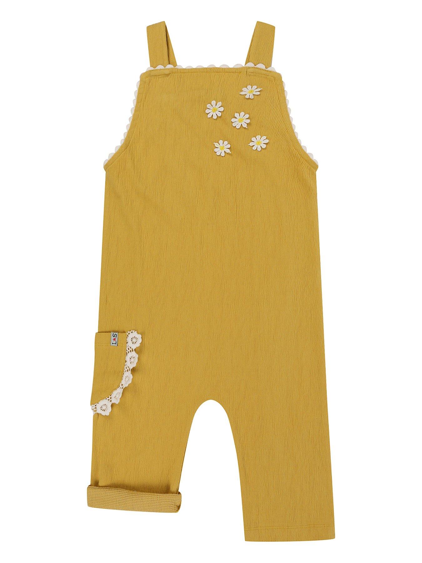 undefined Girls Floral Applique Dungarees - Yellow
