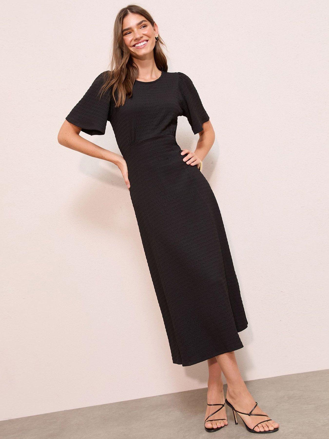 Friends Like These Textured Jersey Scoop Neck Angel Sleeve Midi Dress - Black