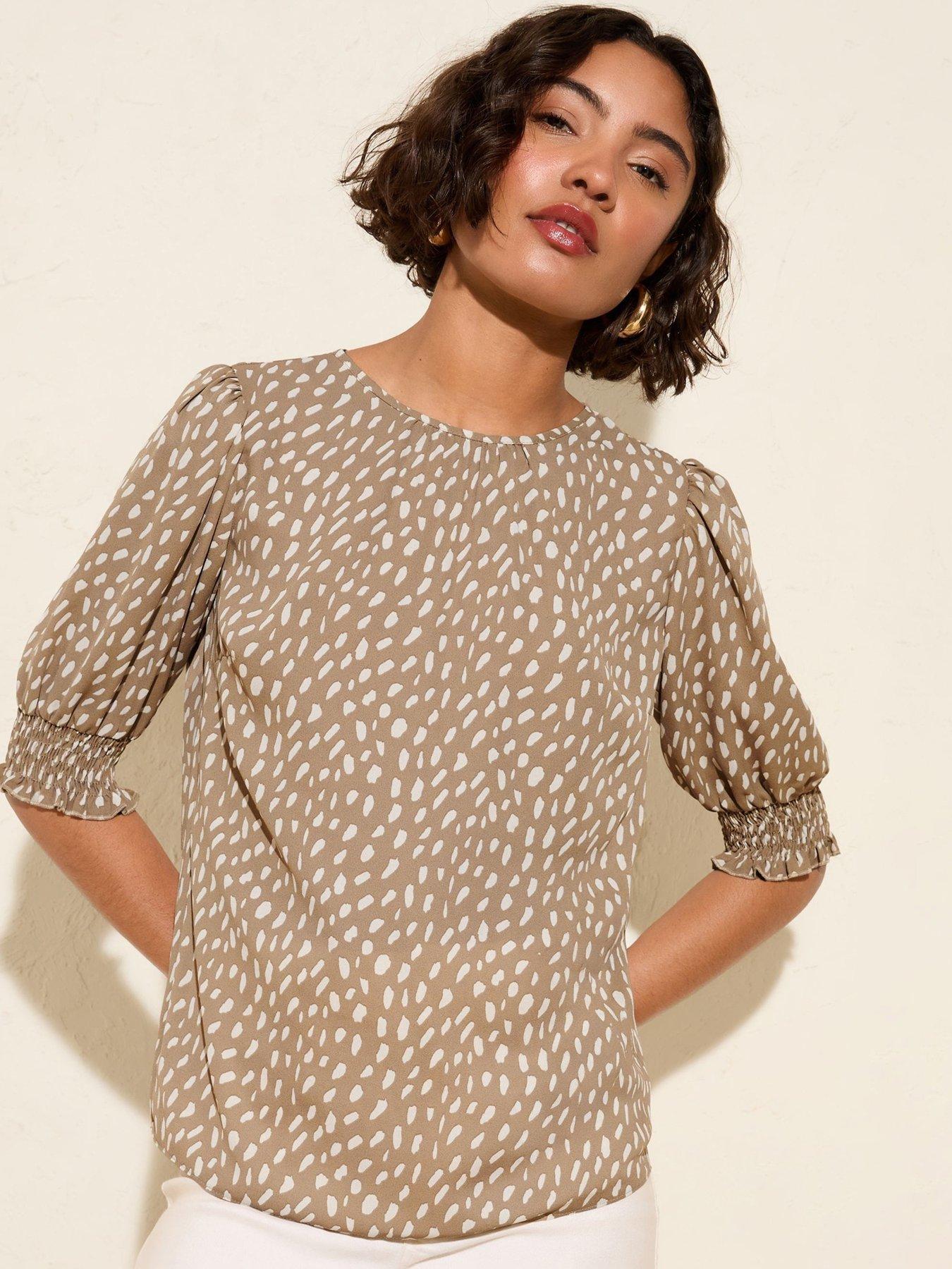 Friends Like These Print 3/4 Sleeve Shirred Cuff Blouse - Light Brown