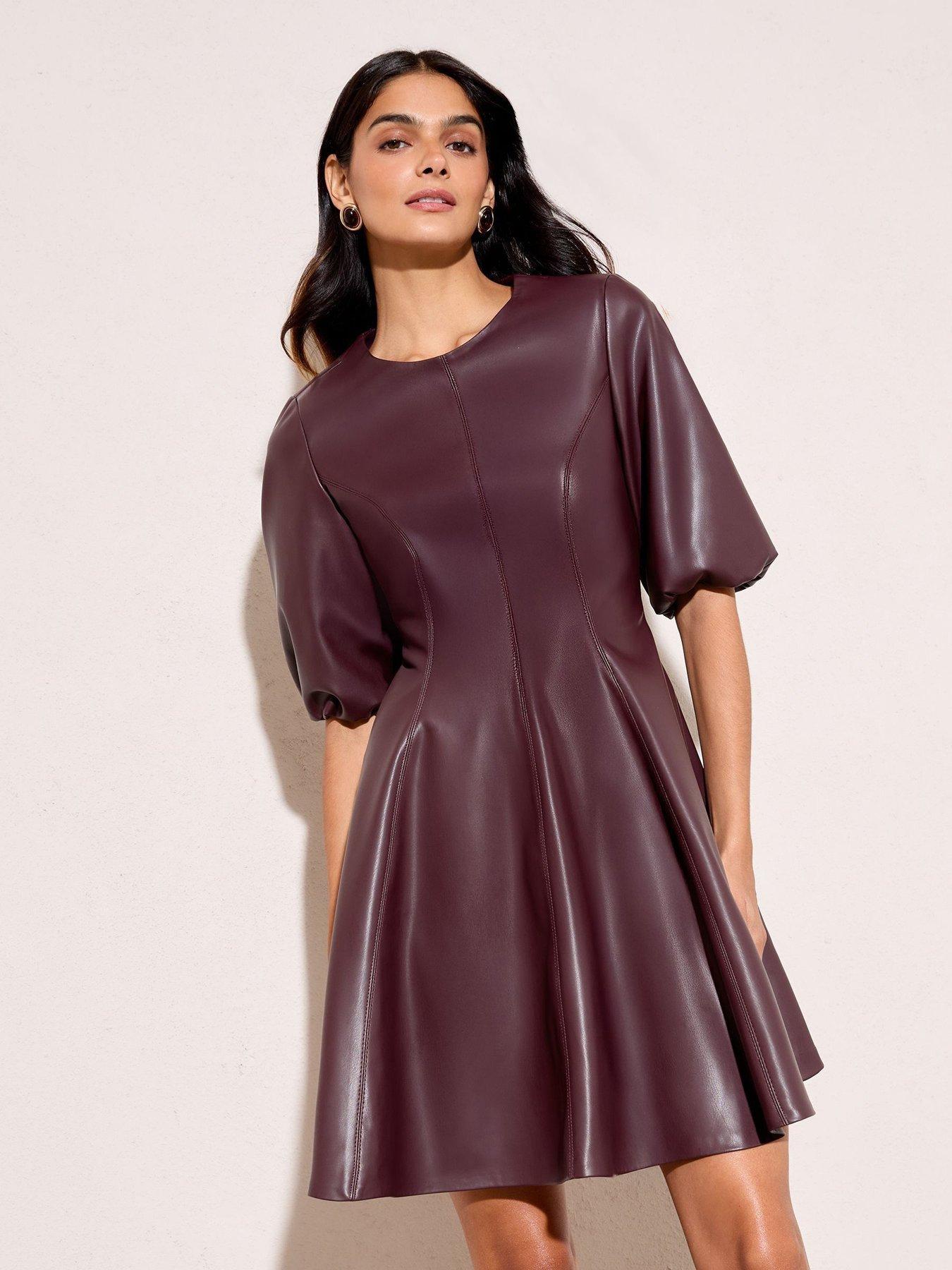 Friends Like These Puff Sleeve Fit And Flare PU Dress - Berry Red | Very