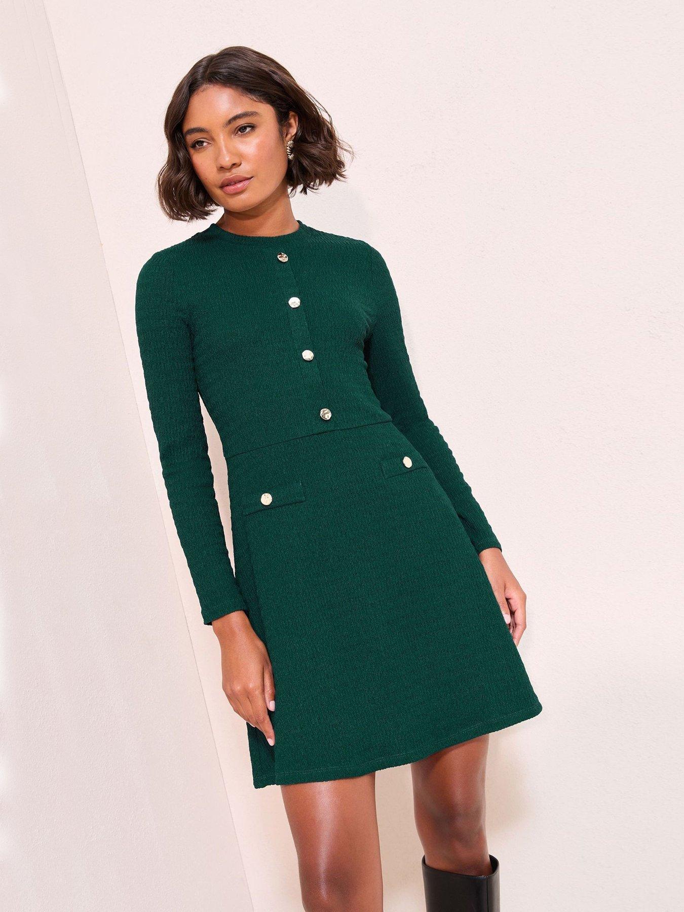 Image 1 of 4 of Friends Like These Jersey Button Detail Long Sleeve Mini Dress - Green