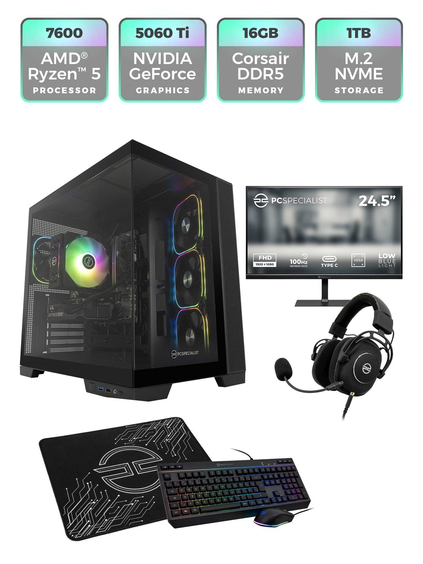 Image 2 of 8 of PCSpecialist Fusion 35 Gaming Desktop (GeForce RTX 5060 Ti,&nbsp;AMD Ryzen 5,&nbsp;16GB RAM, 1TB SSD) Bundle with 24.5in FHD Monitor, Headset, Keyboard, Mouse &amp; Mat