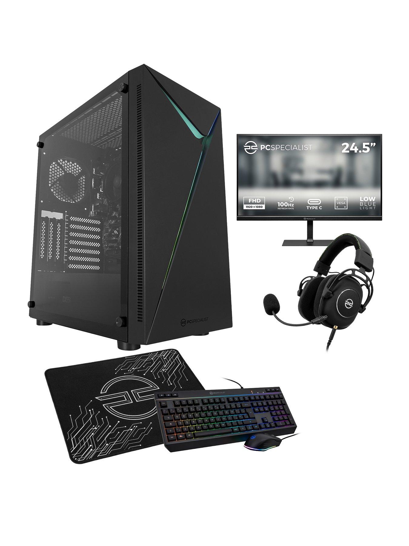 PCSpecialist Fusion 10 Gaming Desktop (AMD Ryzen 5, 8GB RAM, 512GB SSD) with 24.5in Monitor, Headset, Keyboard, Mouse  &  Mat