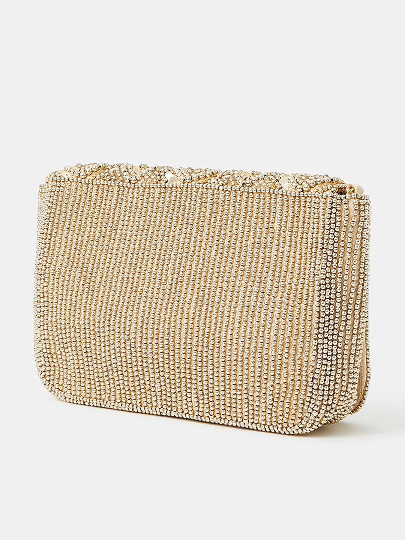 Gold-Toned Embellished Box Clutch with Shoulder Strap