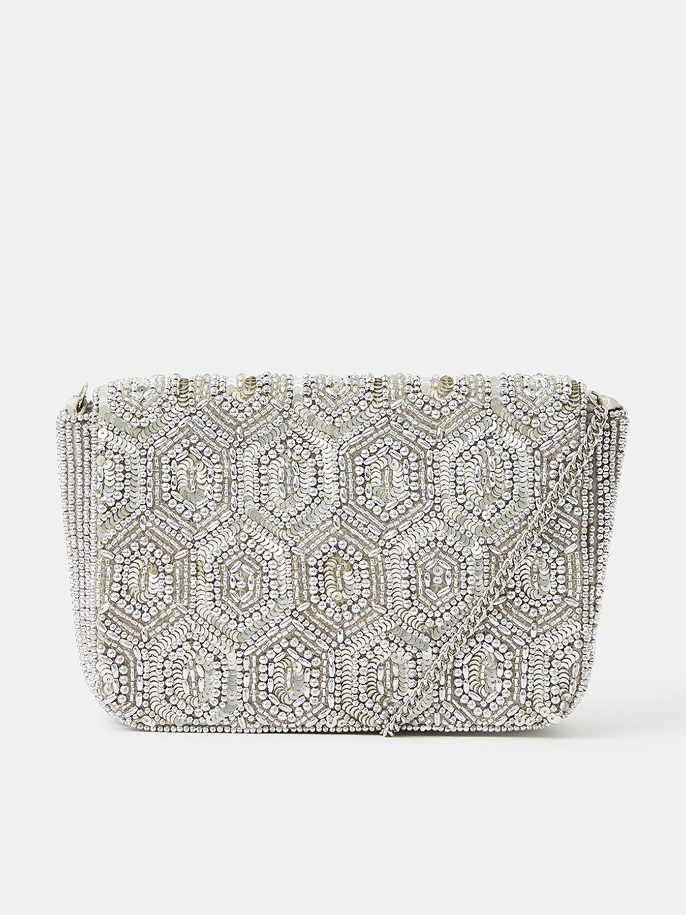 undefined Embellished Fold Over Clutch Bag - Silver