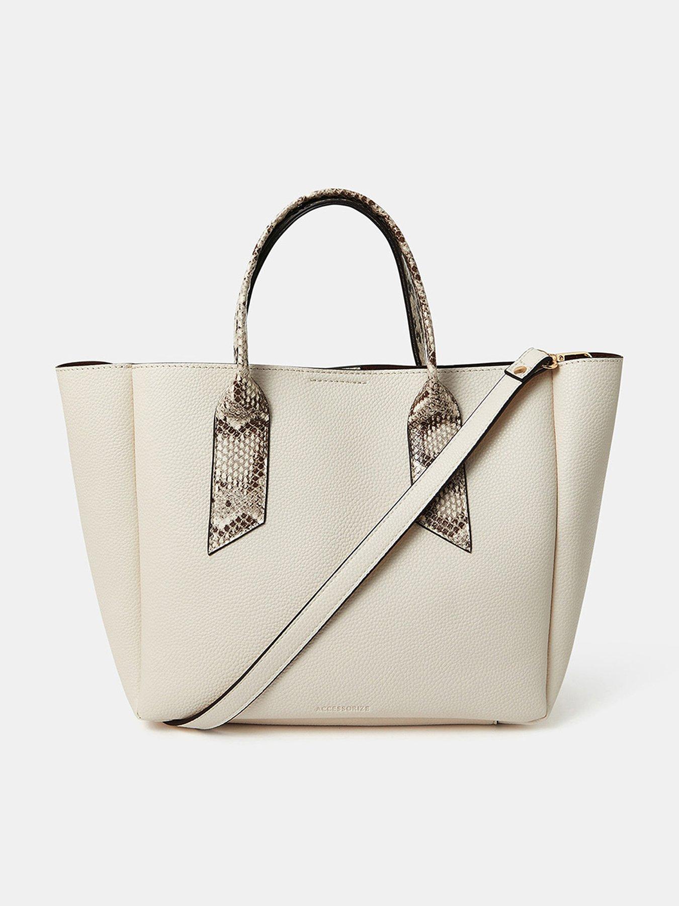 undefined Faux Snakeskin Handle Tote Bag - Cream