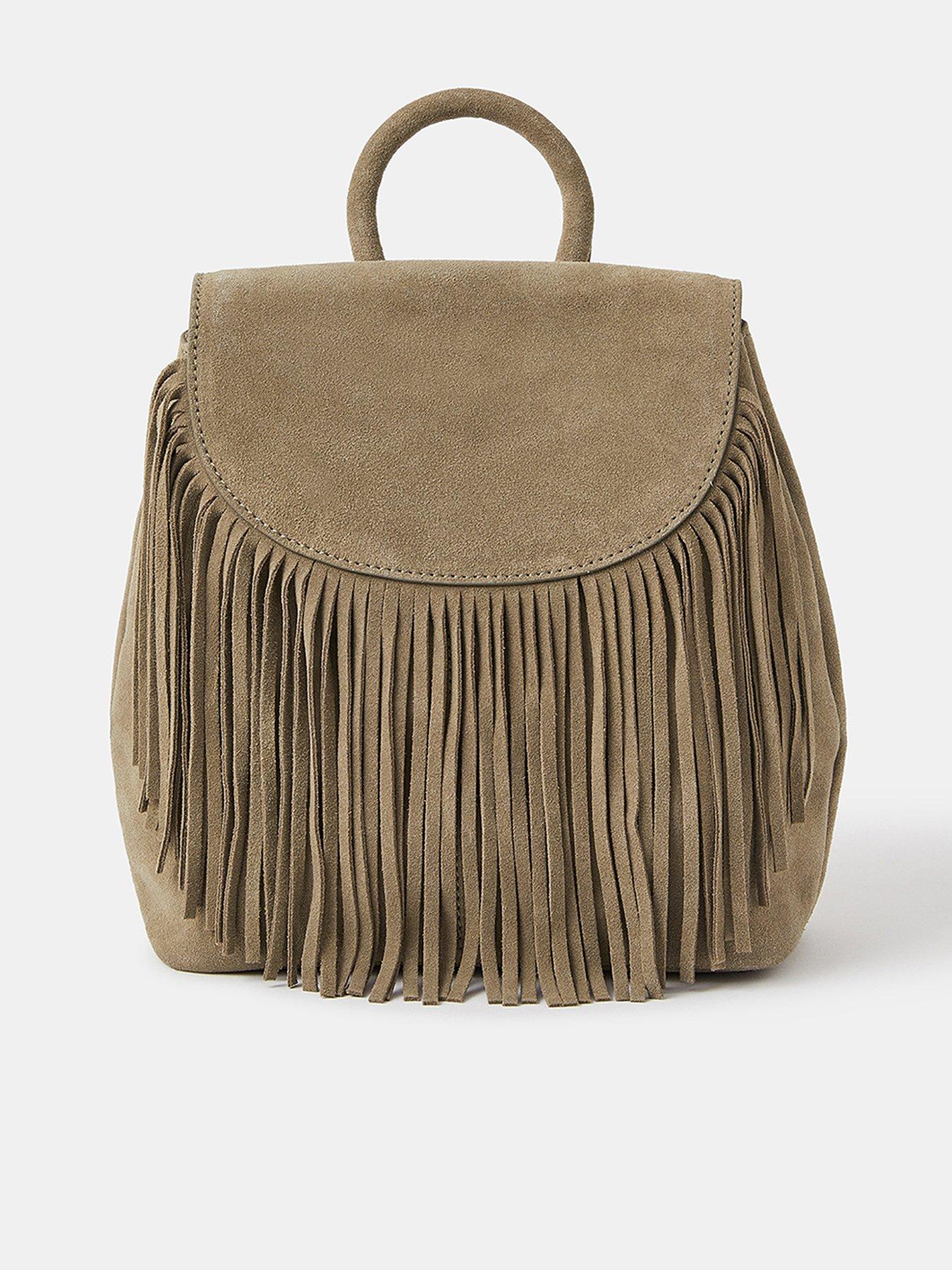 undefined Leather Fringe Backpack  - Khaki