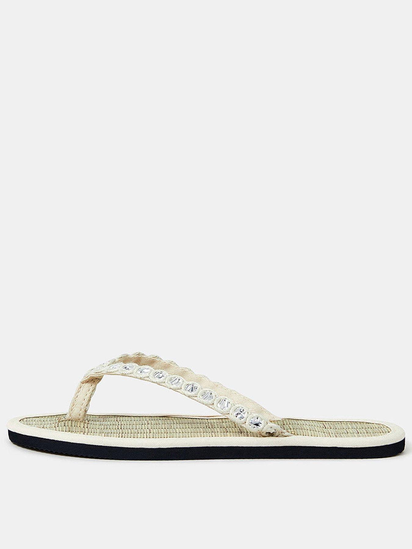 undefined Mirror Embellished Seagrass Flip Flops - Cream