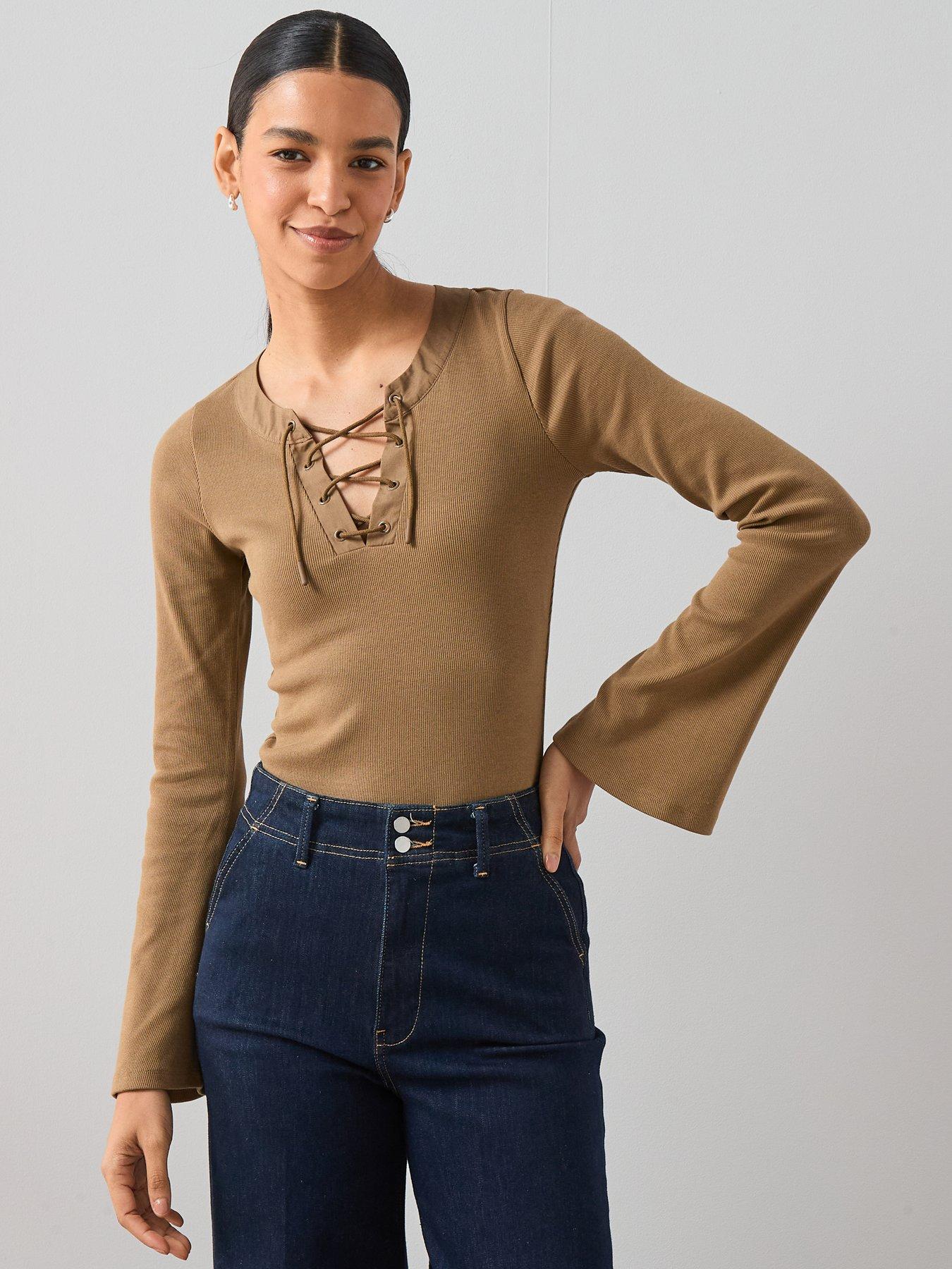 The Very Collection Lace Up Rib Long Sleeve Top - Khaki