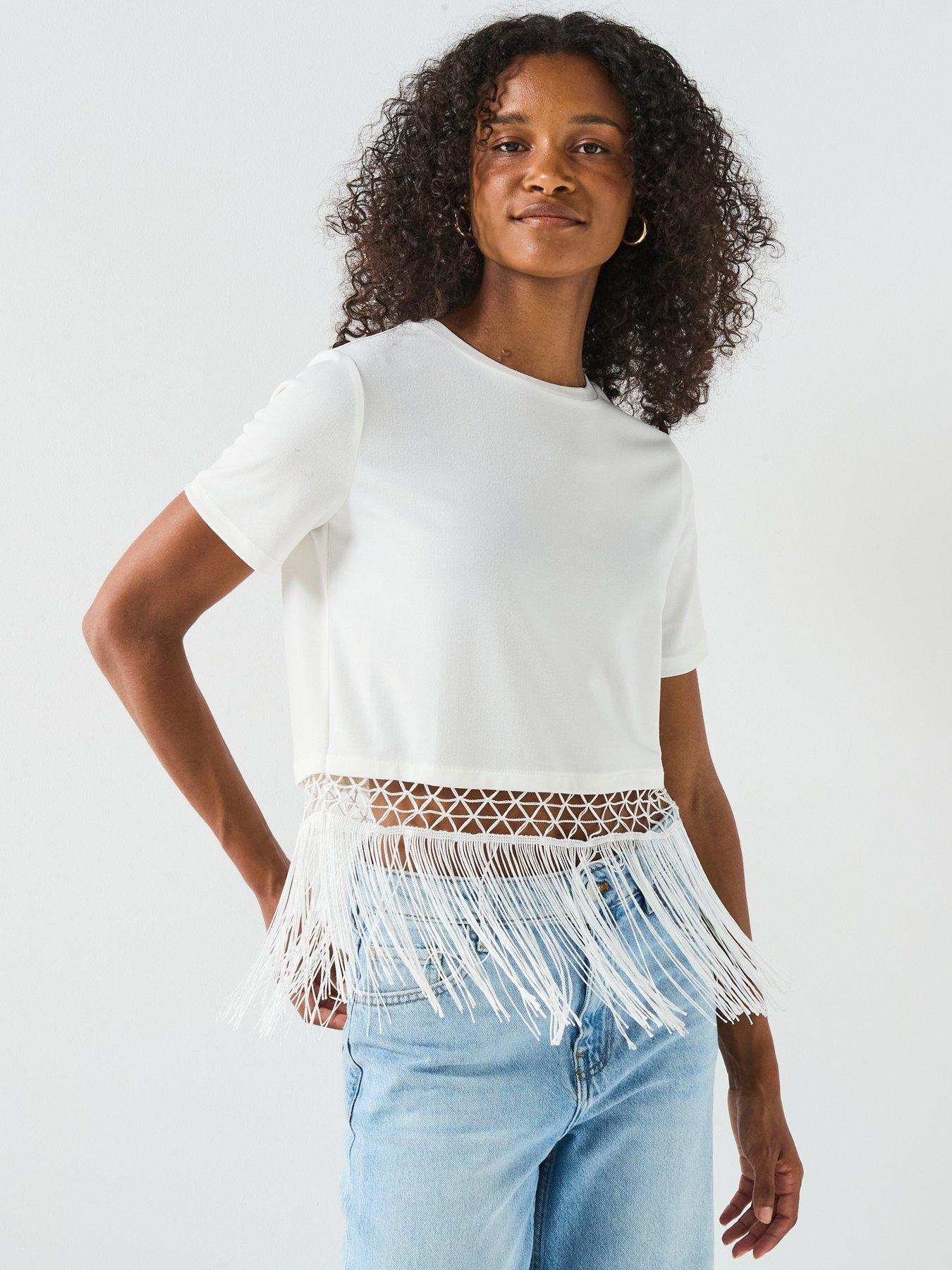 V by Very: Fringe Hem Top - White