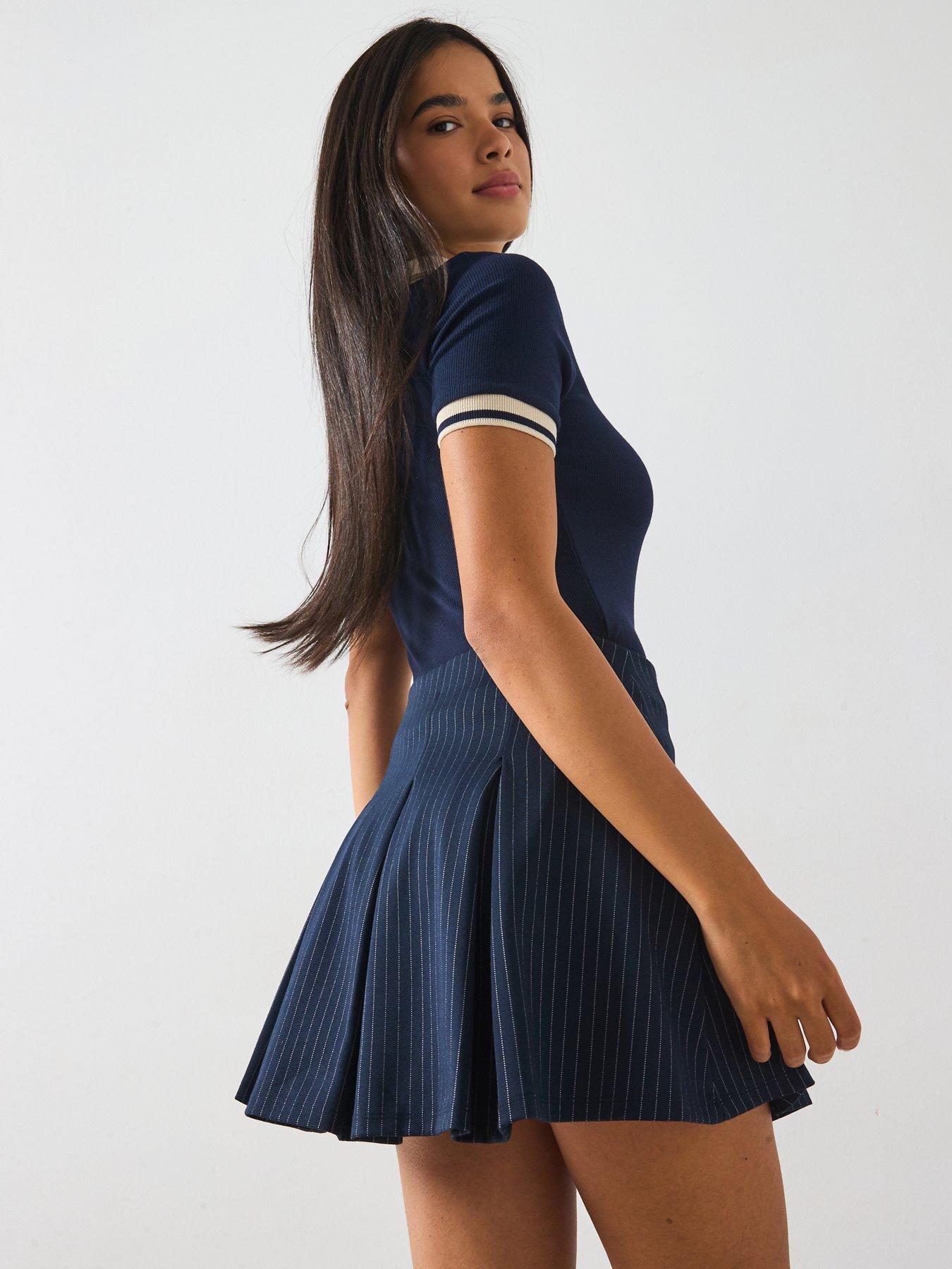 V by Very Stripe Pleated Mini Skirt - Navy | Very