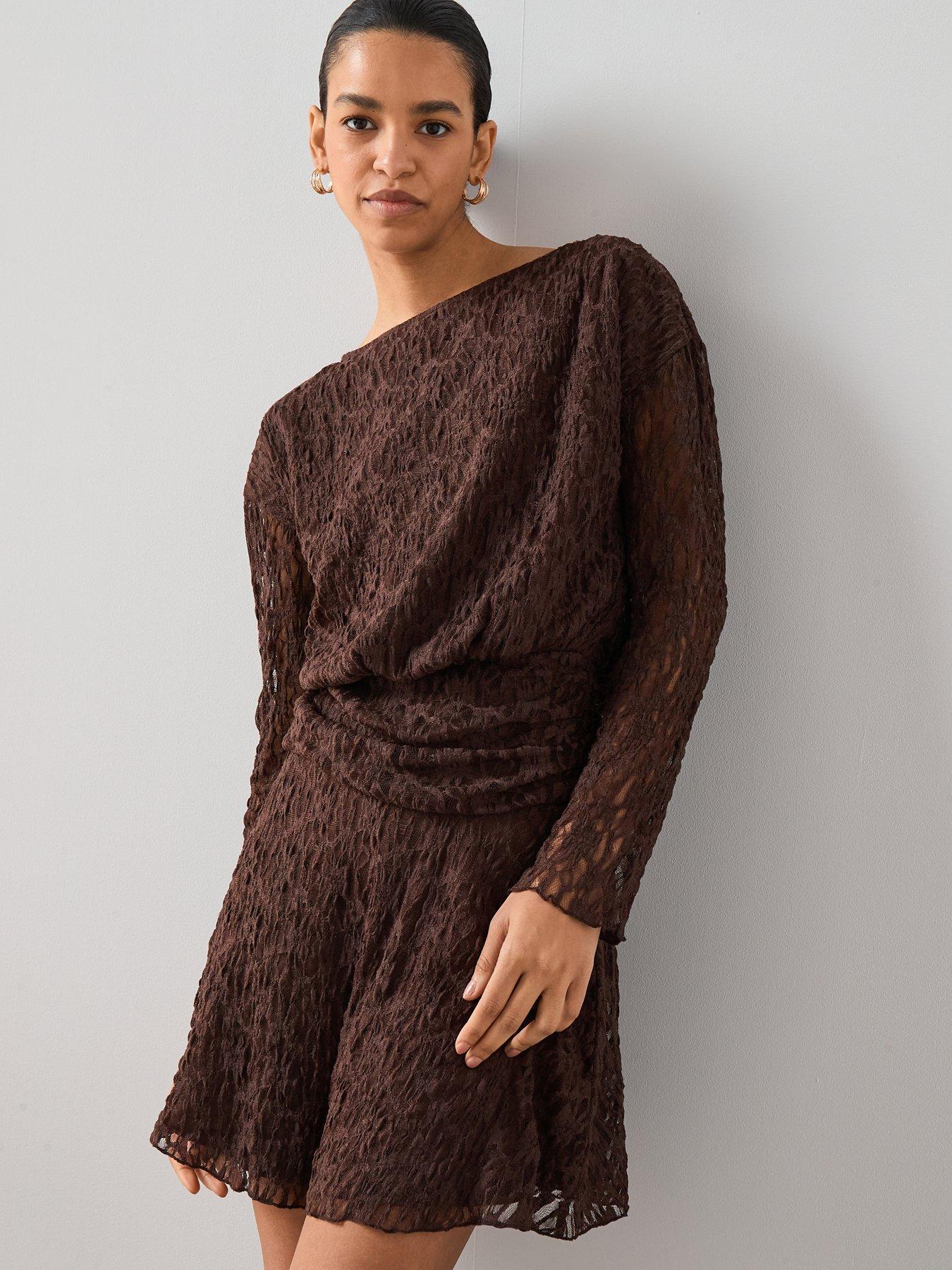 The Very Collection Lace Blouson Mini Dress - Brown | Very