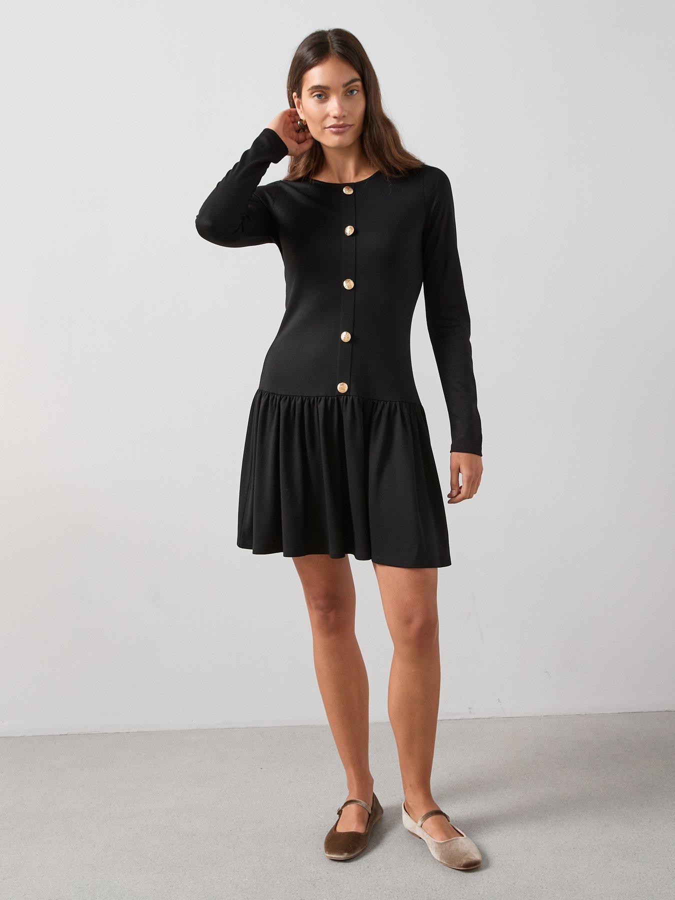 The Very Collection Drop Waist Button Detail Mini Dress - Black | Very