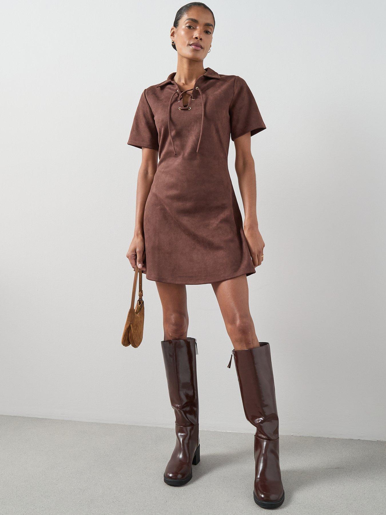 The Very Collection Lace Up Detail Faux Suede Mini Dress - Brown | Very