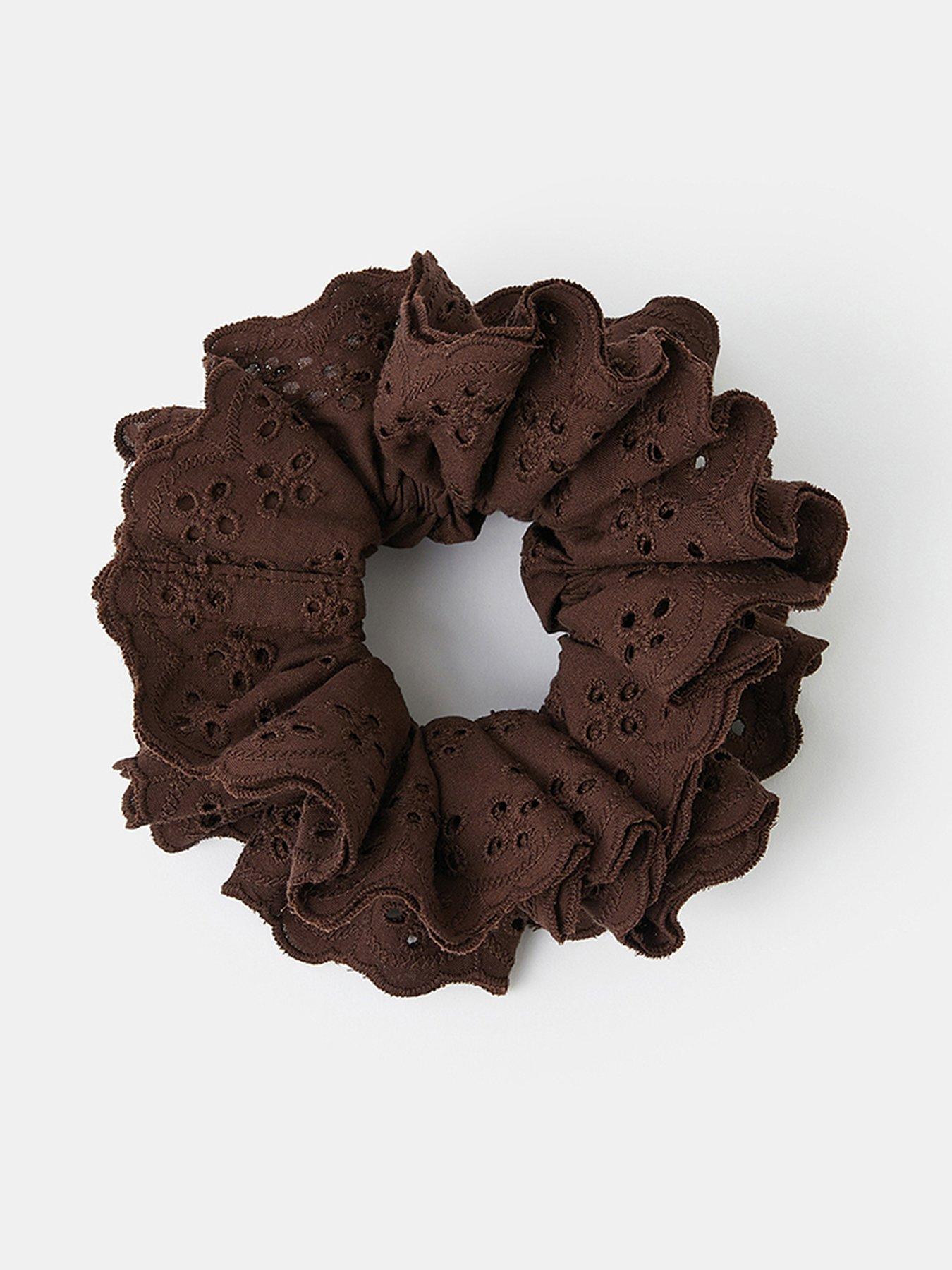 undefined Frilly Broderie Hair Scrunchie - Brown