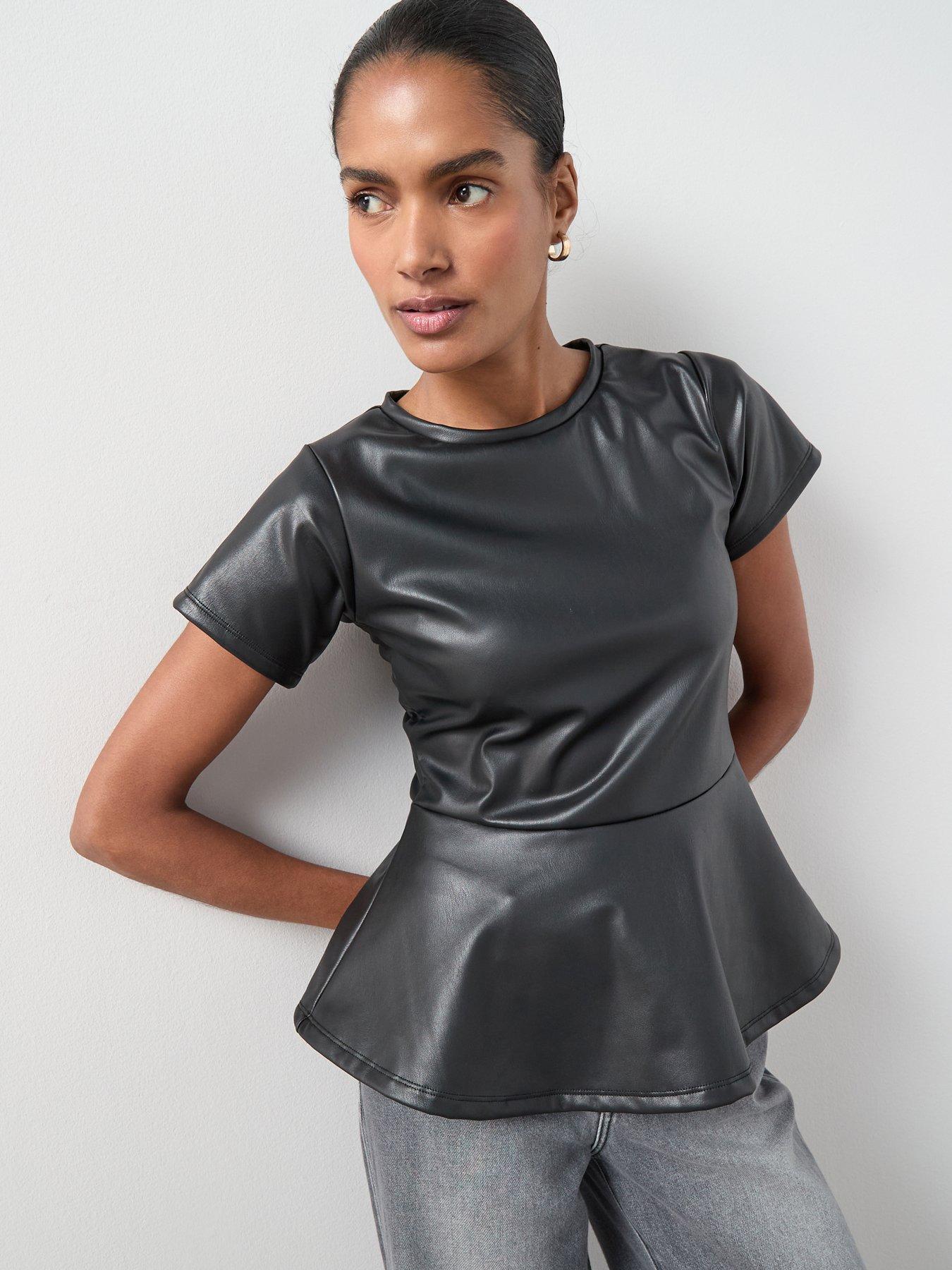 Image 1 of 6 of The Very Collection Pu Seam Detail Peplum Top - Black