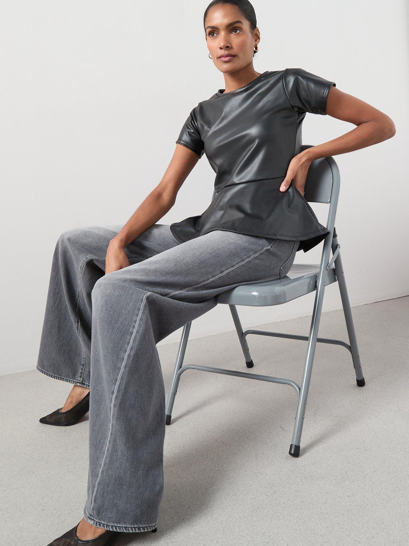 Image 6 of 6 of The Very Collection Pu Seam Detail Peplum Top - Black