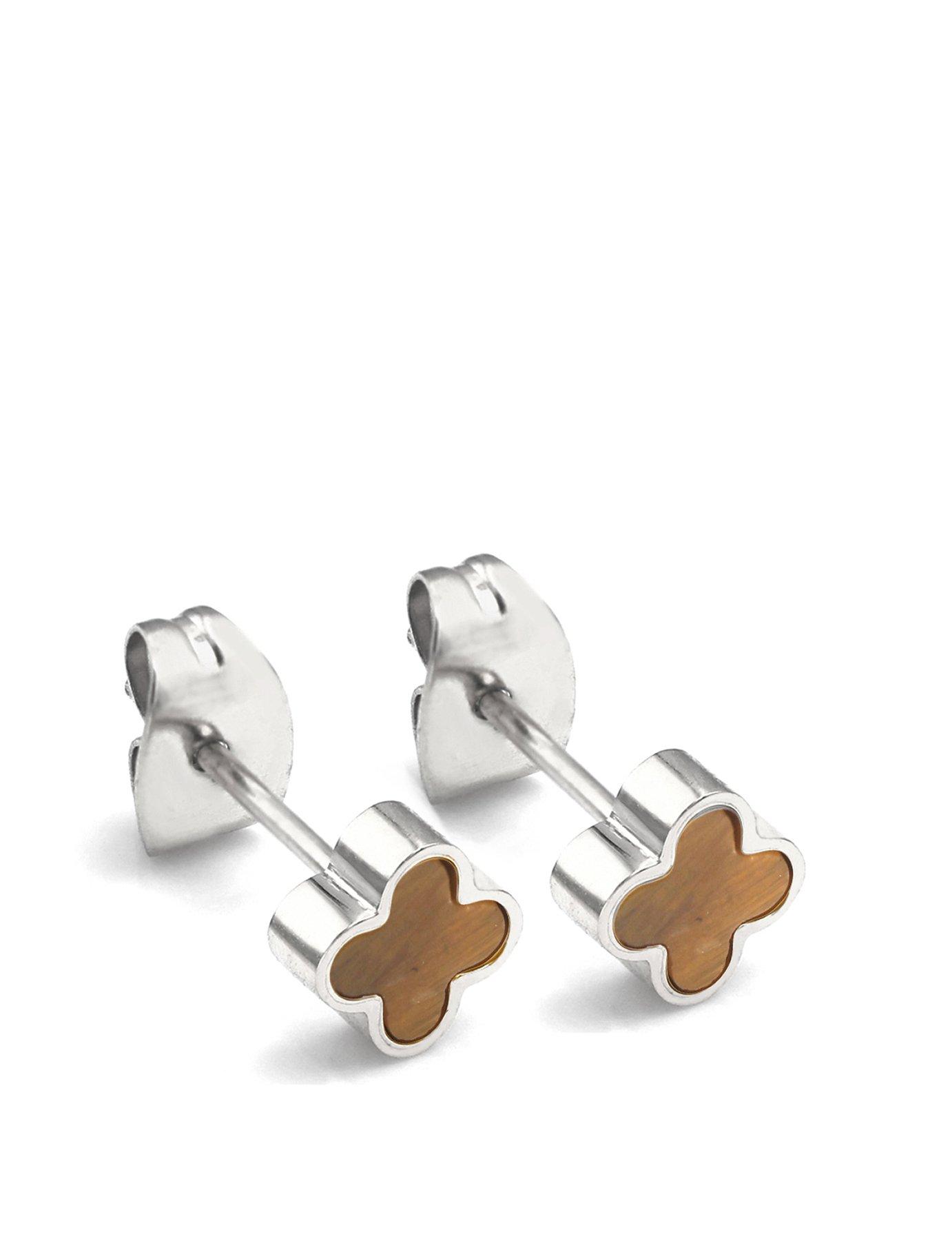 undefined Crystal Clover Earrings Tiger Eye - Silver