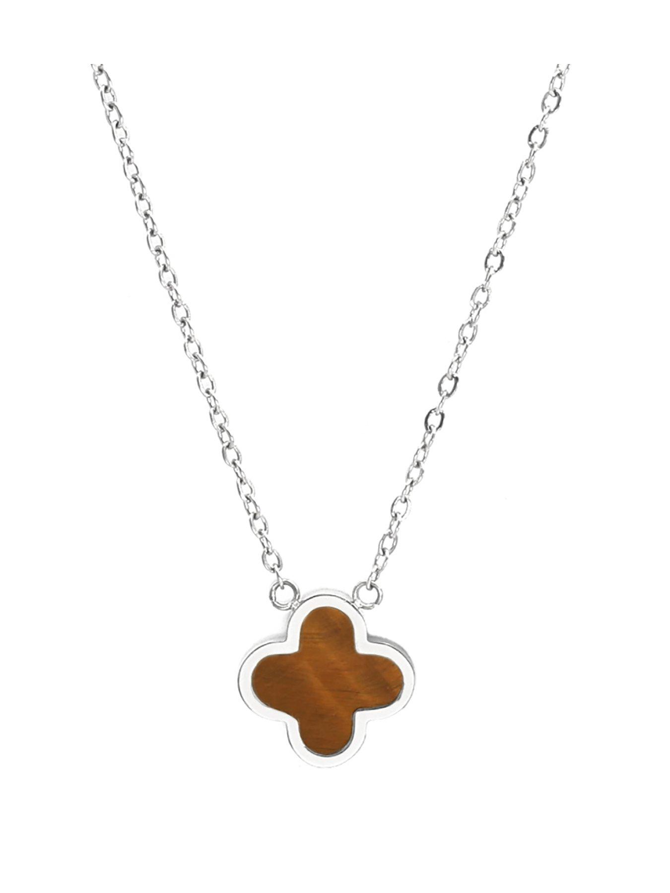 undefined Crystal Clover Necklace Tiger Eye - Silver