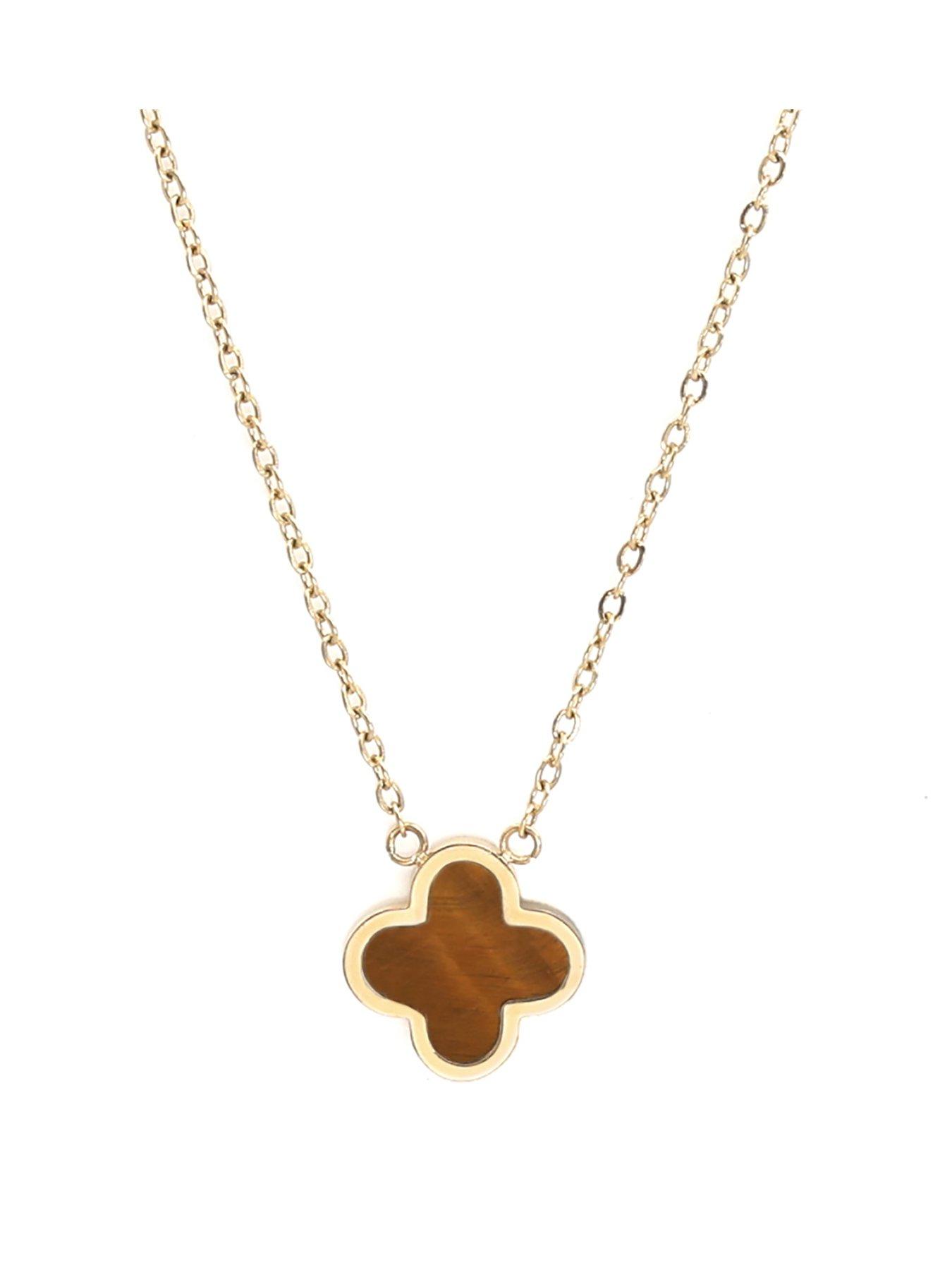 undefined Crystal Clover Necklace Tiger Eye - Yellow Gold