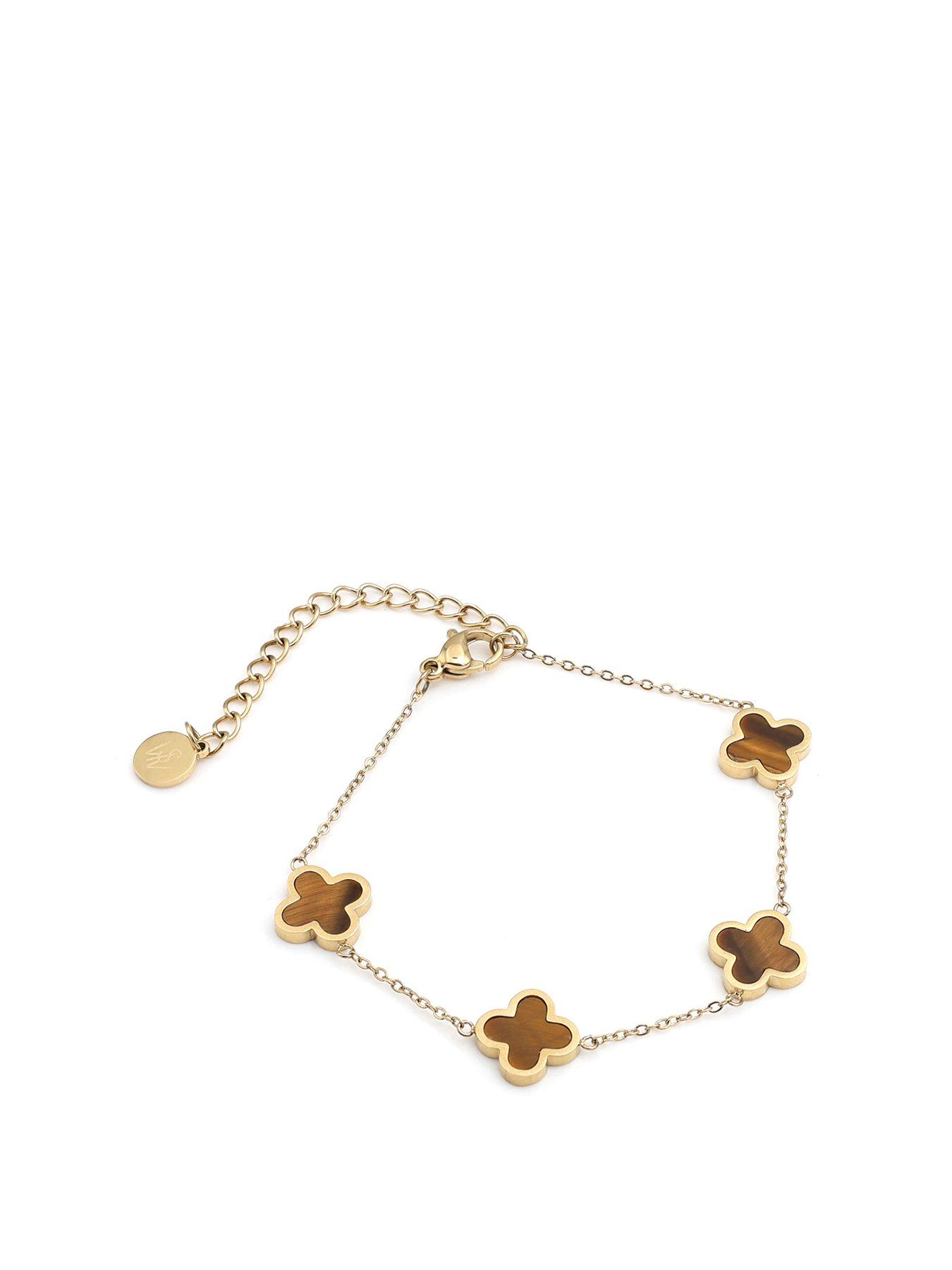undefined Crystal Clover Bracelet Tiger Eye - Yellow gold