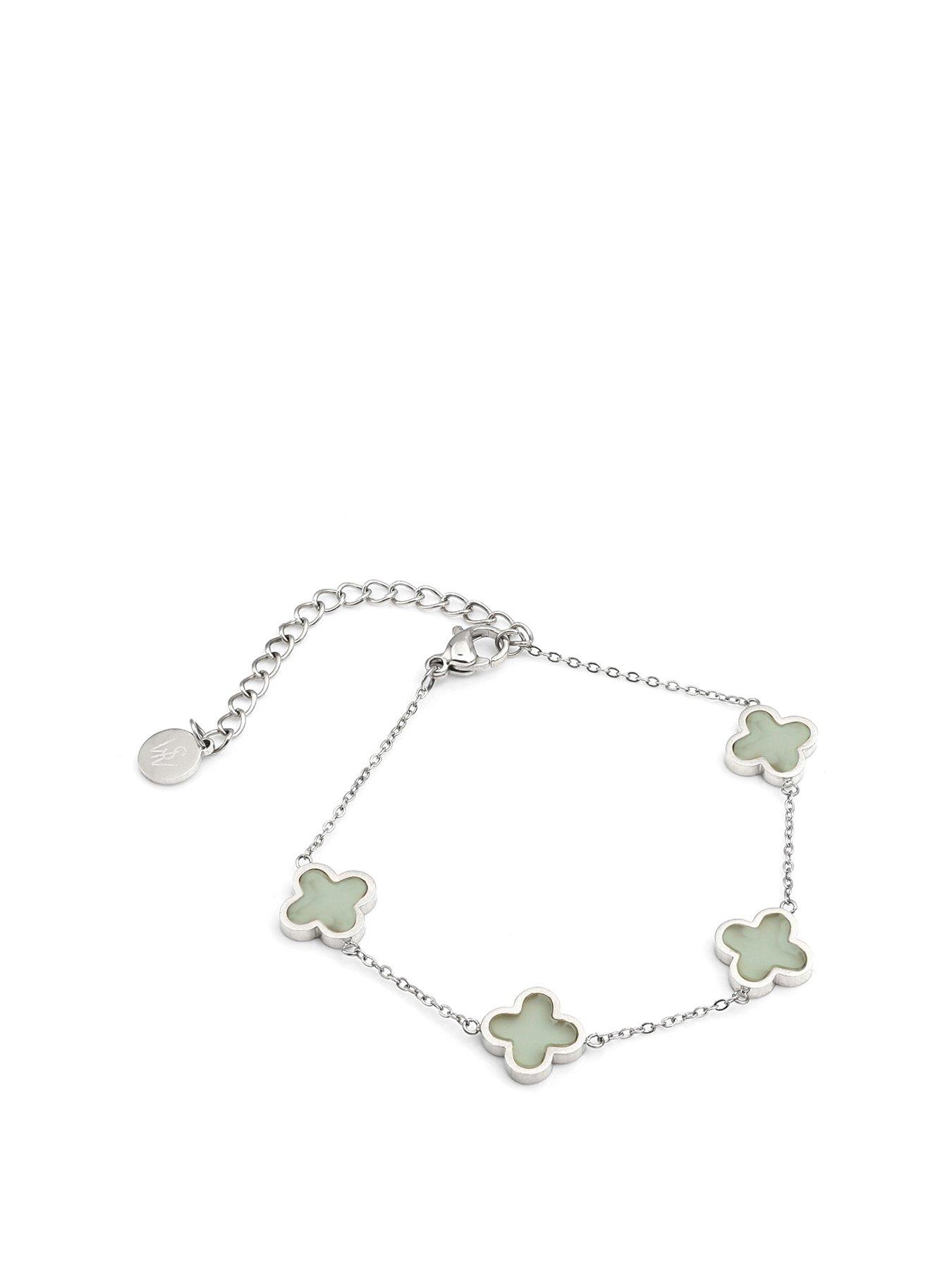 Say It With Crystal Clover Bracelet Jade Stone - Silver