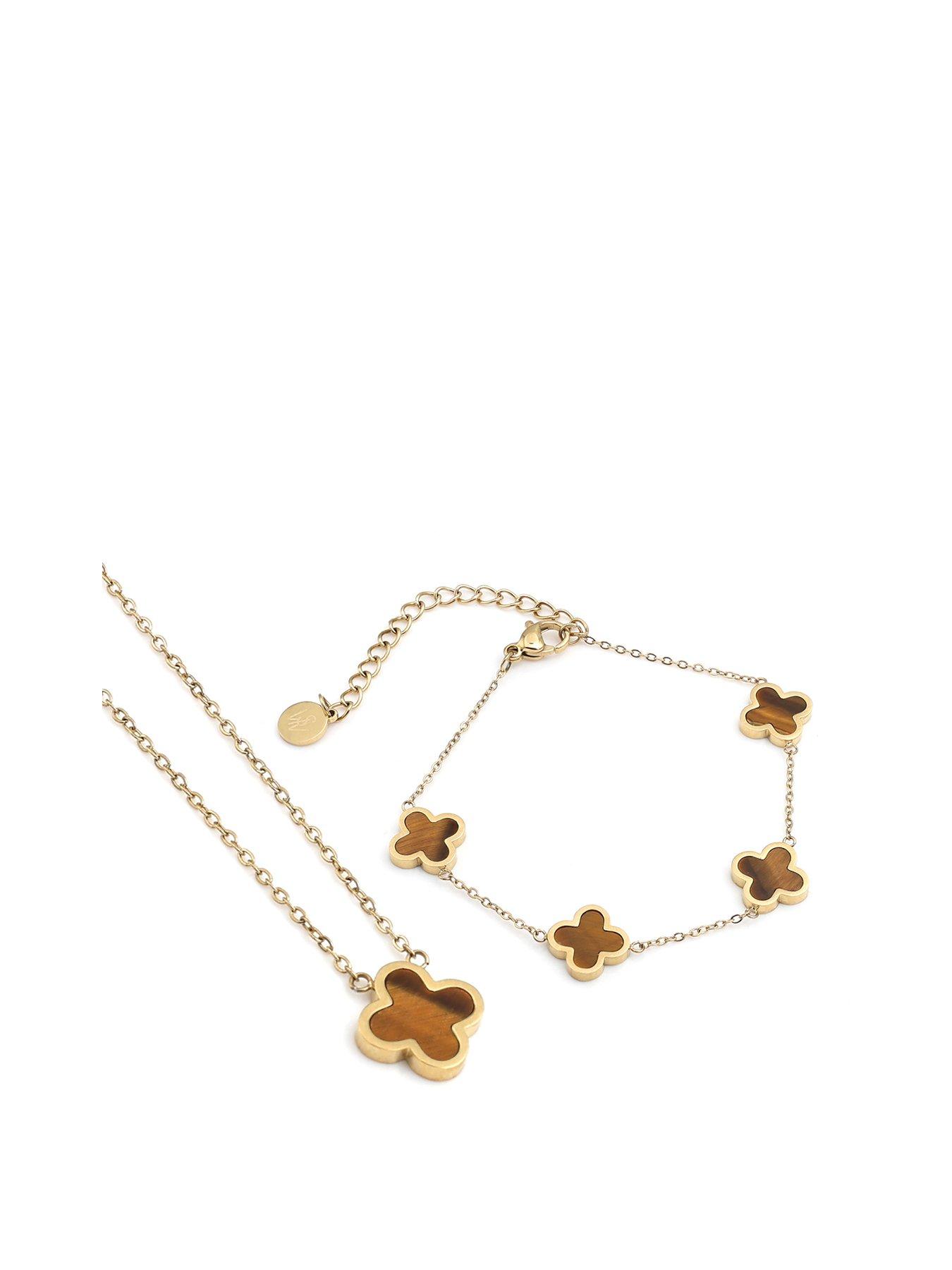 undefined Crystal Clover Tiger Eye Gift Set - Yellow Gold