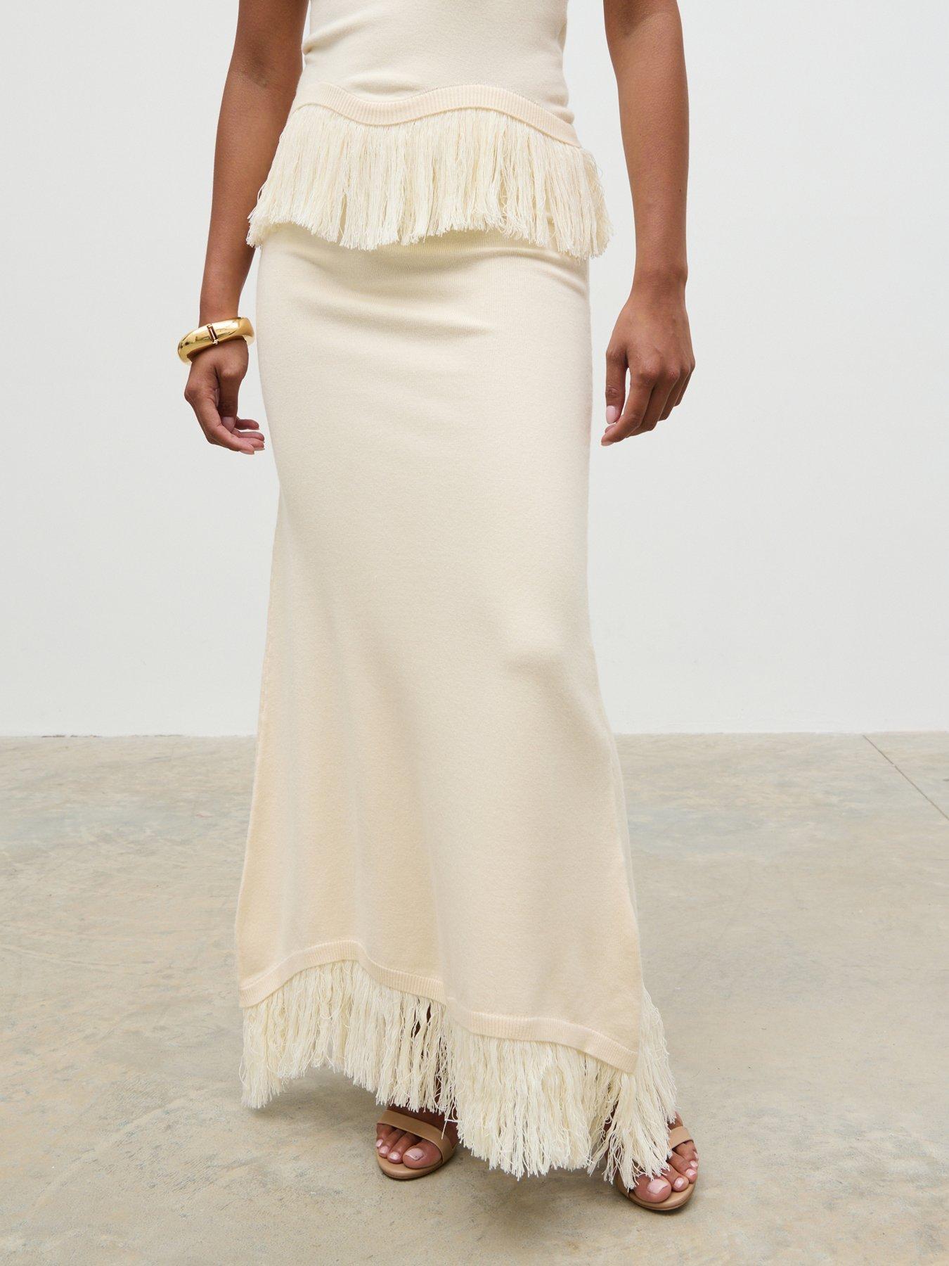 Pretty Lavish Orlendina Fringe Knit Midaxi Skirt - Cream | Very
