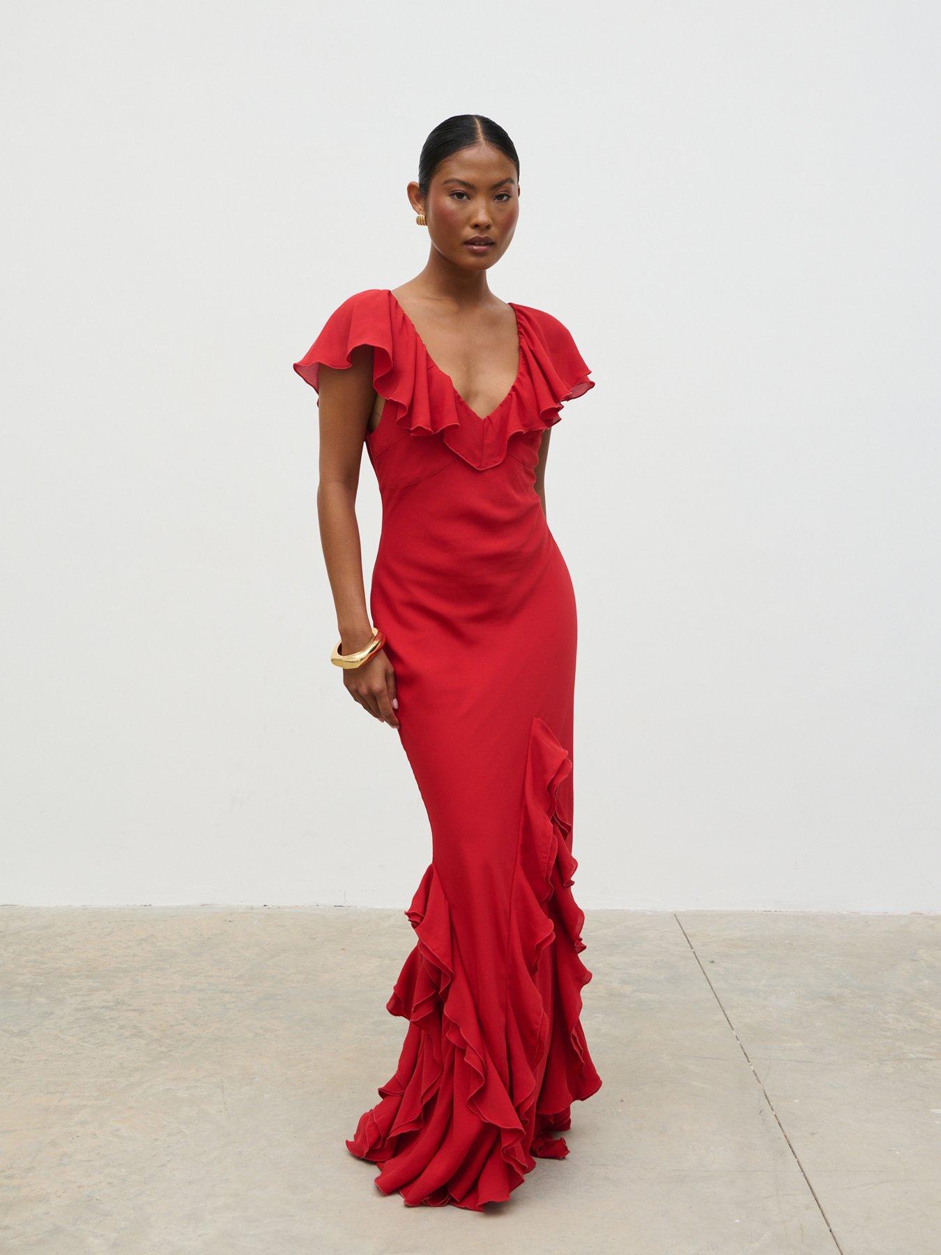 Pretty Lavish Uma Cap Sleeve Ruffle Maxi Dress - Red