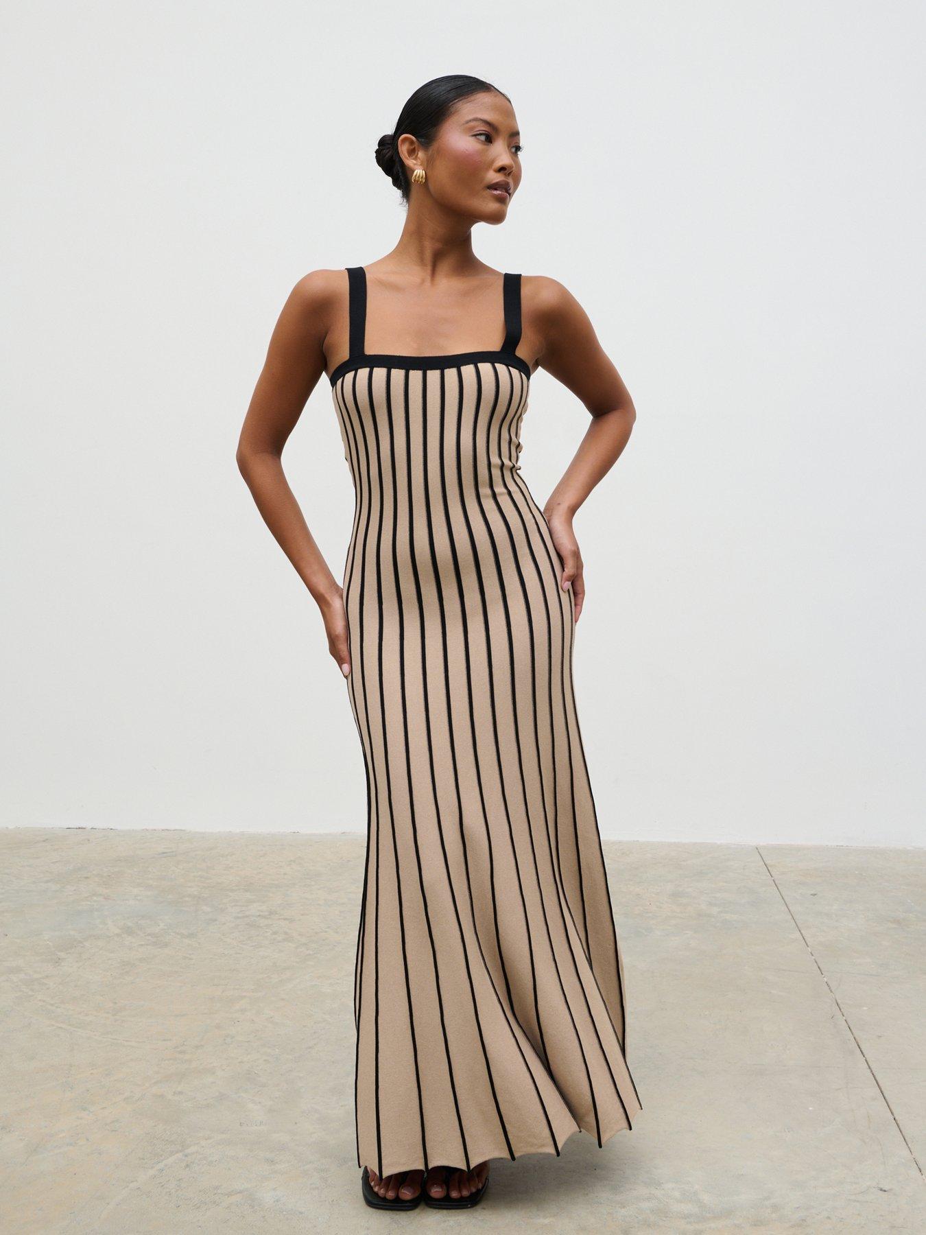 undefined Alyssia Square Neck Stripe Knit Long Midaxi Dress - Dark Beige And Black