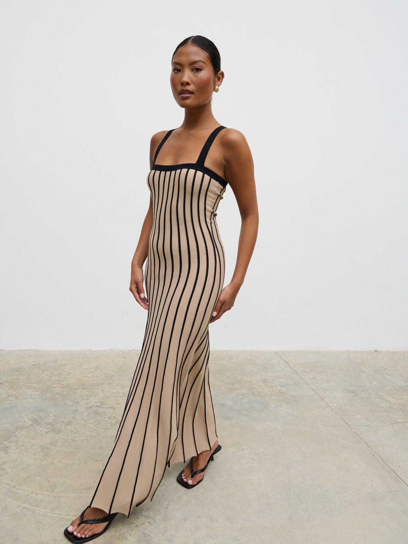 Image 2 of 4 of Pretty Lavish Alyssia Square Neck Stripe Knit Long Midaxi Dress - Dark Beige And Black