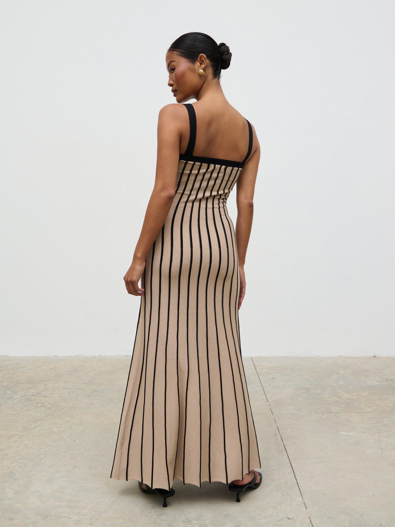 Image 3 of 4 of Pretty Lavish Alyssia Square Neck Stripe Knit Long Midaxi Dress - Dark Beige And Black
