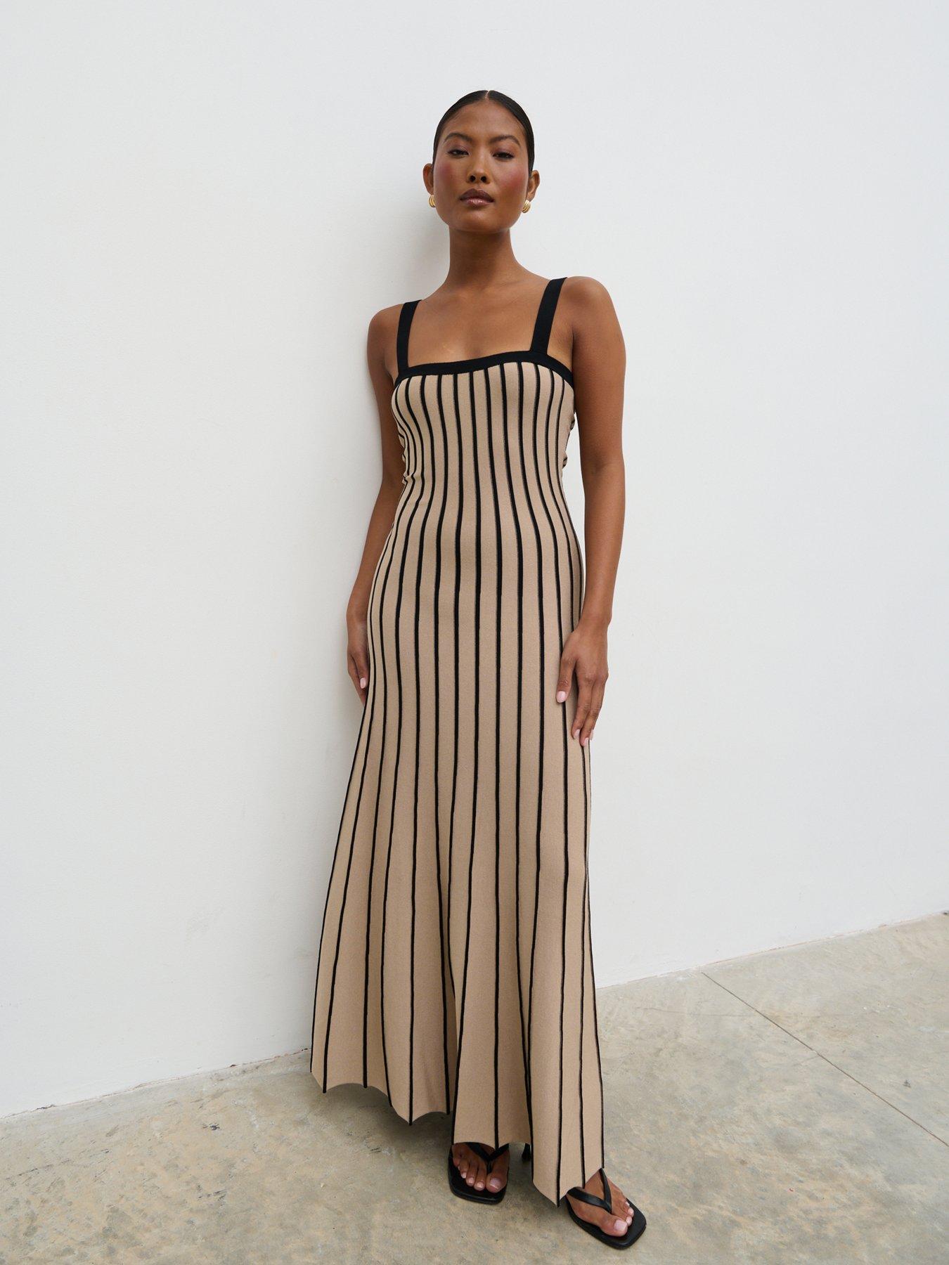 Image 4 of 4 of Pretty Lavish Alyssia Square Neck Stripe Knit Long Midaxi Dress - Dark Beige And Black