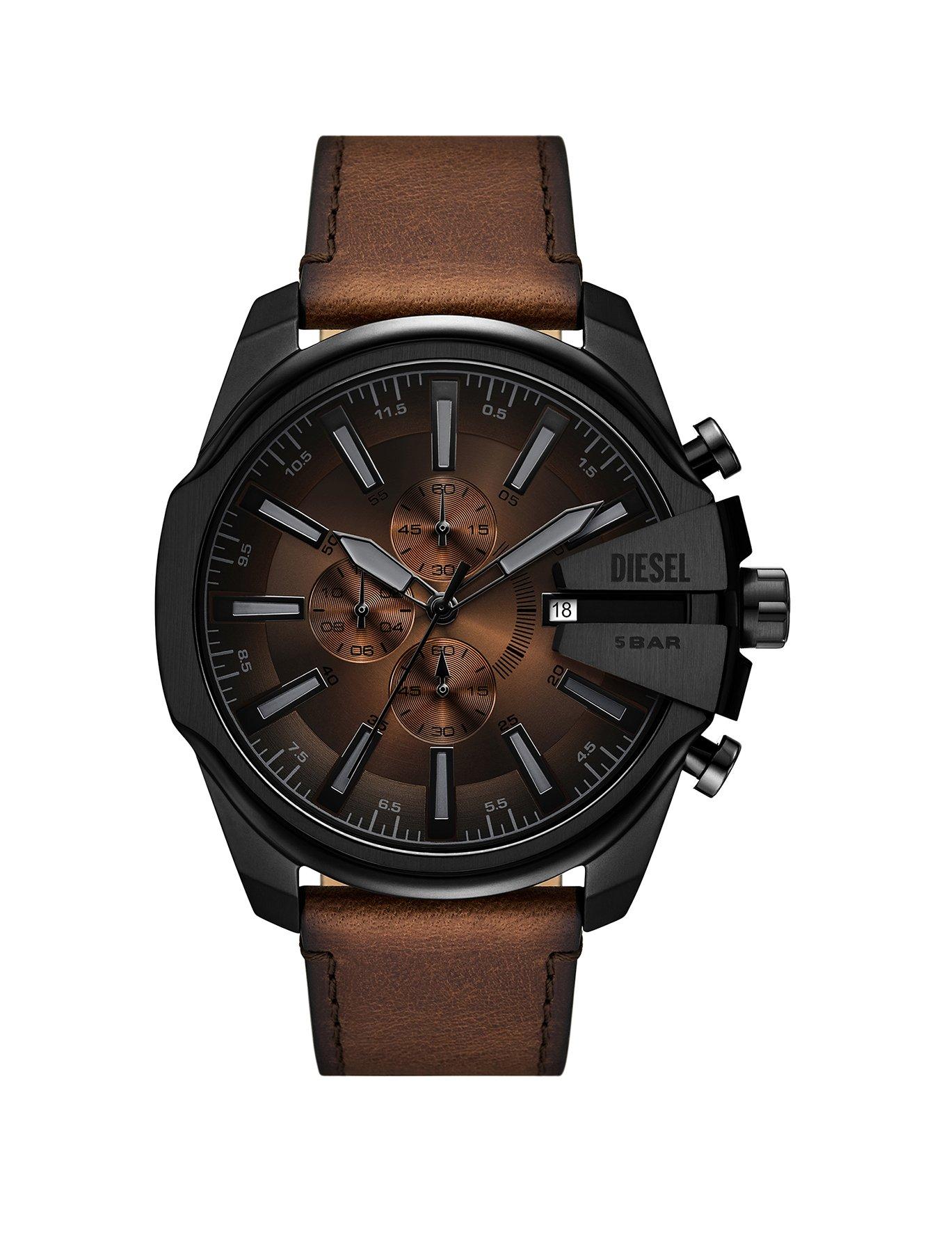 Diesel Men's Mega Chief Slim Chronograph Brown Leather Watch, DZ4692