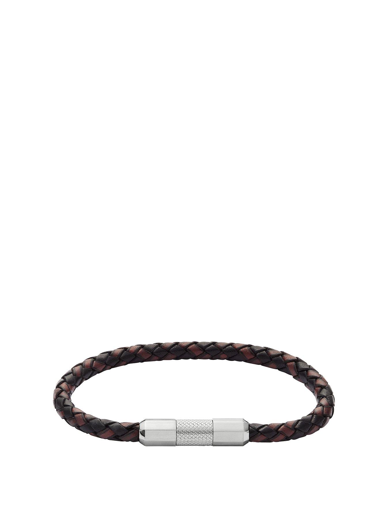 undefined Fossil Men's Knox Knurled Texture Leather and Stainless Steel Station Bracelet, JF04918040