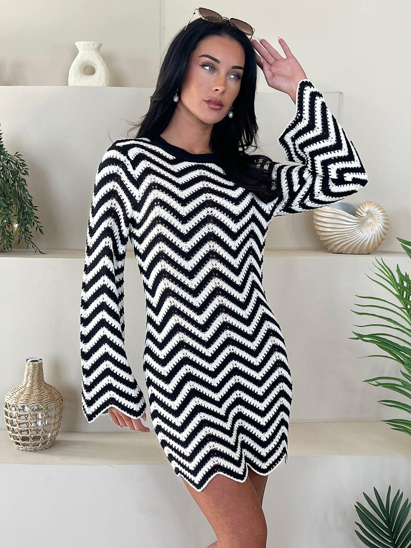 undefined Zig Zag Long Sleeve Crochet Mini Dress - Multi