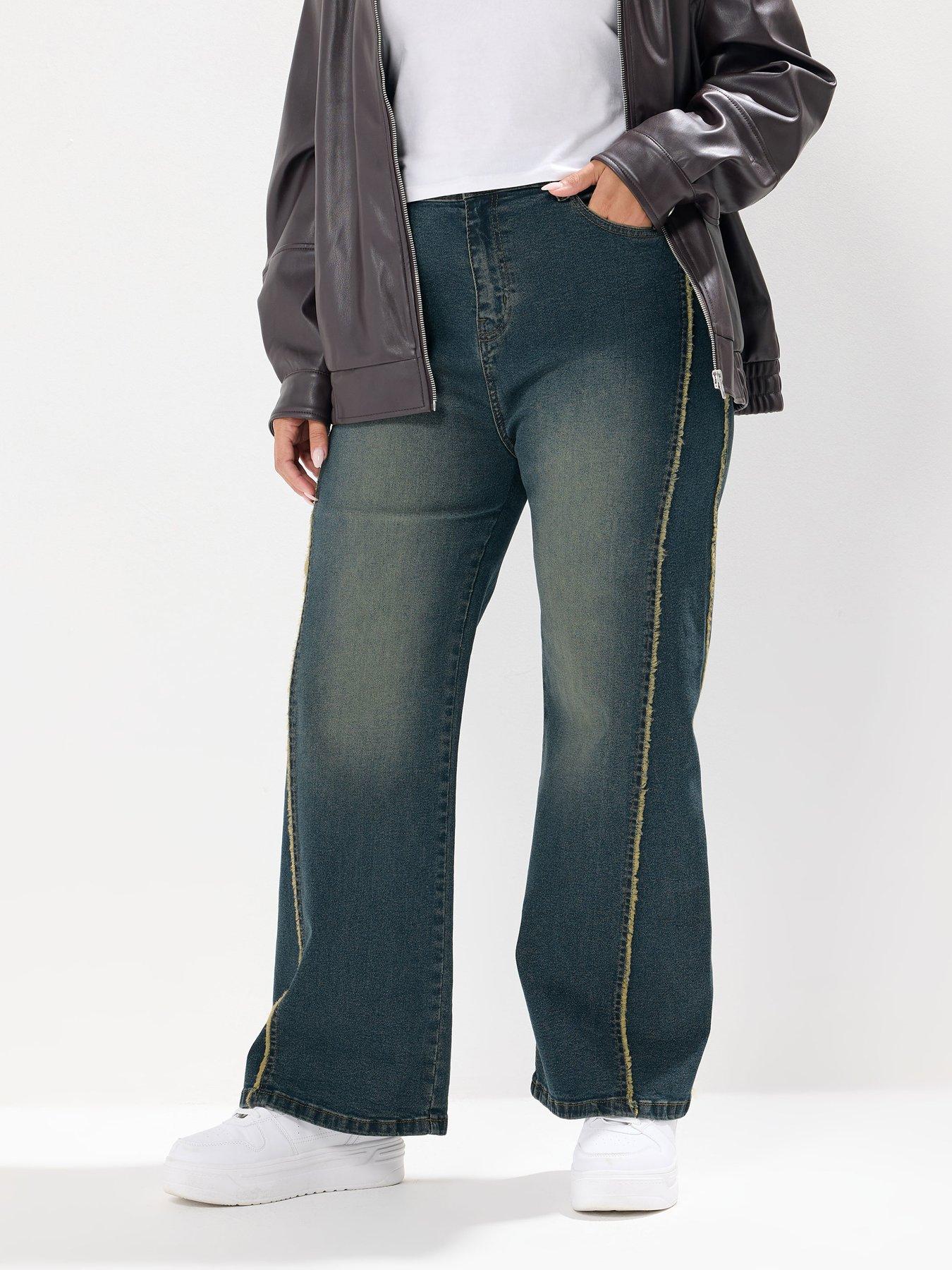 Yours Curve Raw Side Seam Wide Leg Jeans - Blue