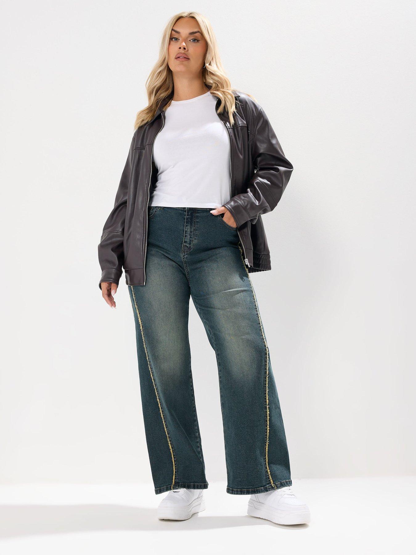 Image 3 of 4 of Yours Curve Raw Side Seam Wide Leg Jeans - Blue