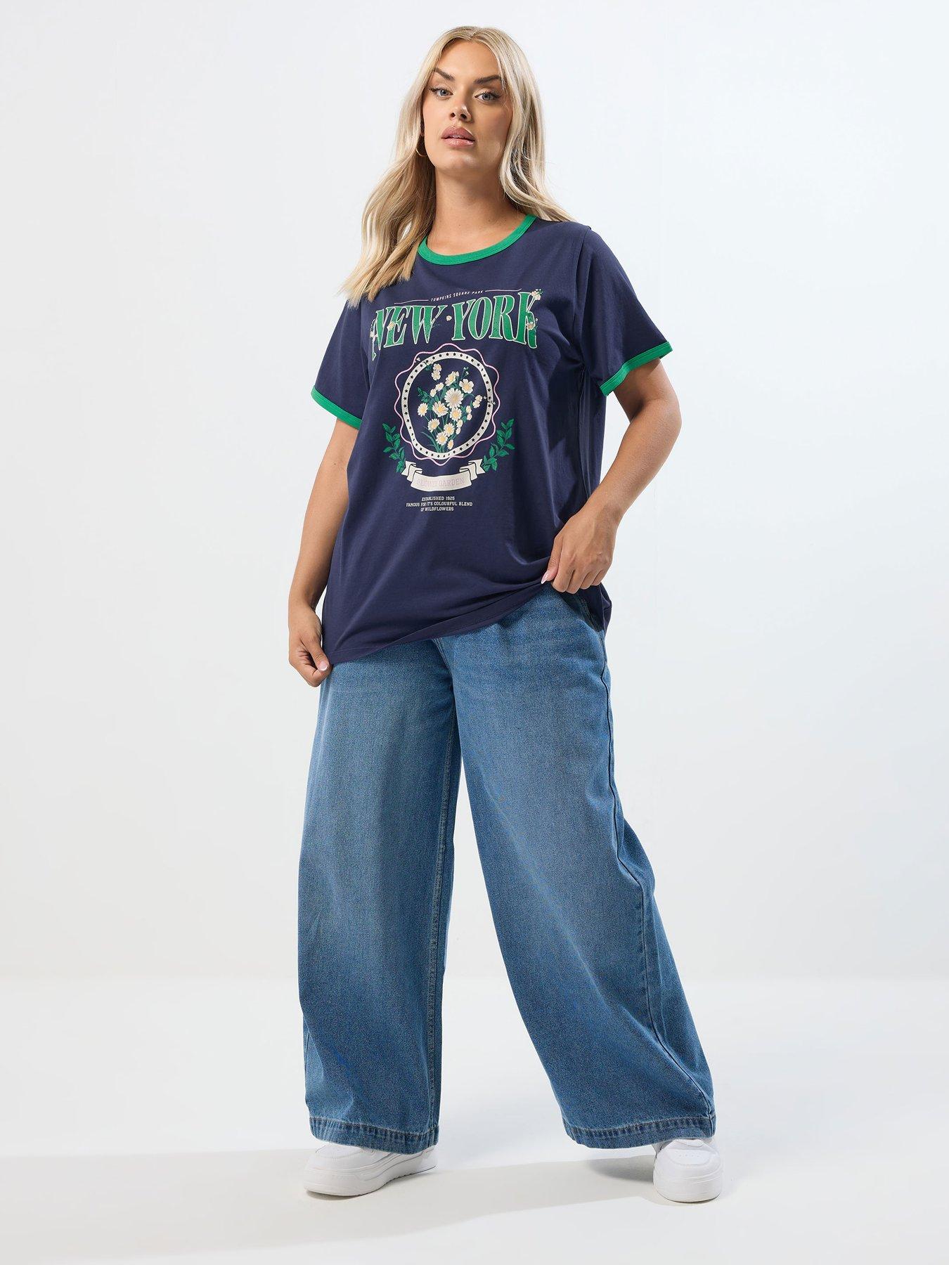 Image 3 of 5 of Yours Curve Placement Set In Sleeve T-Shirt - Blue