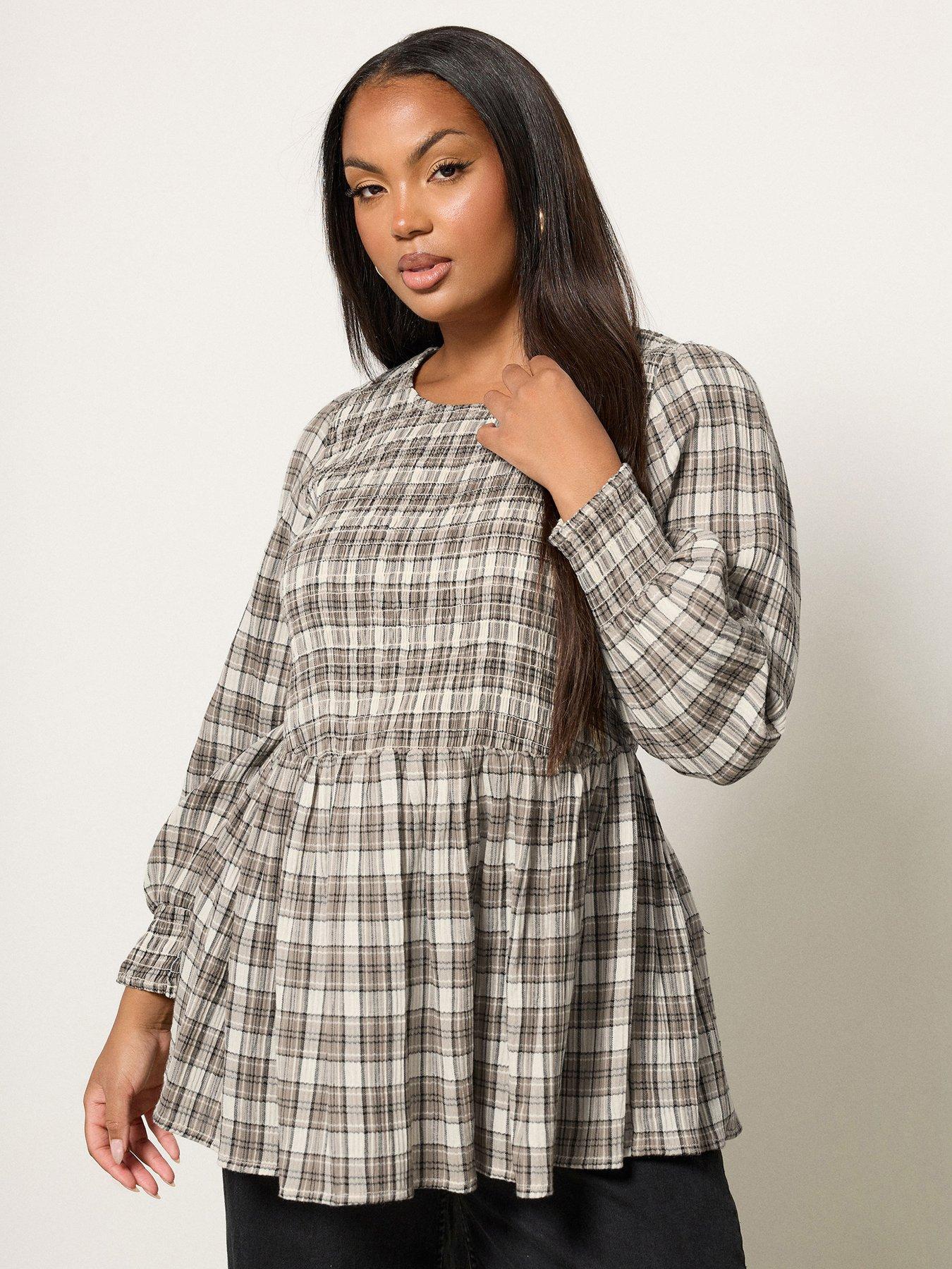 undefined Curve Shirred Textured Check Top - Natural