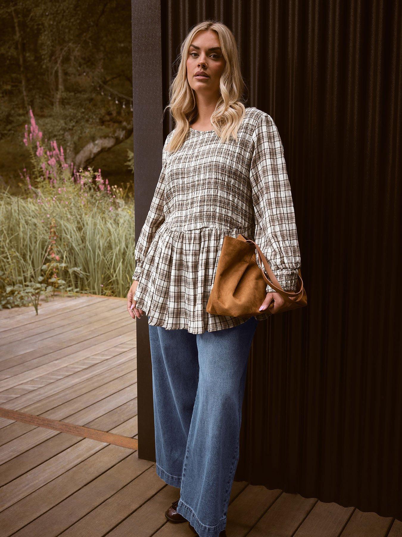Yours Curve Shirred Textured Check Top - Natural | Very