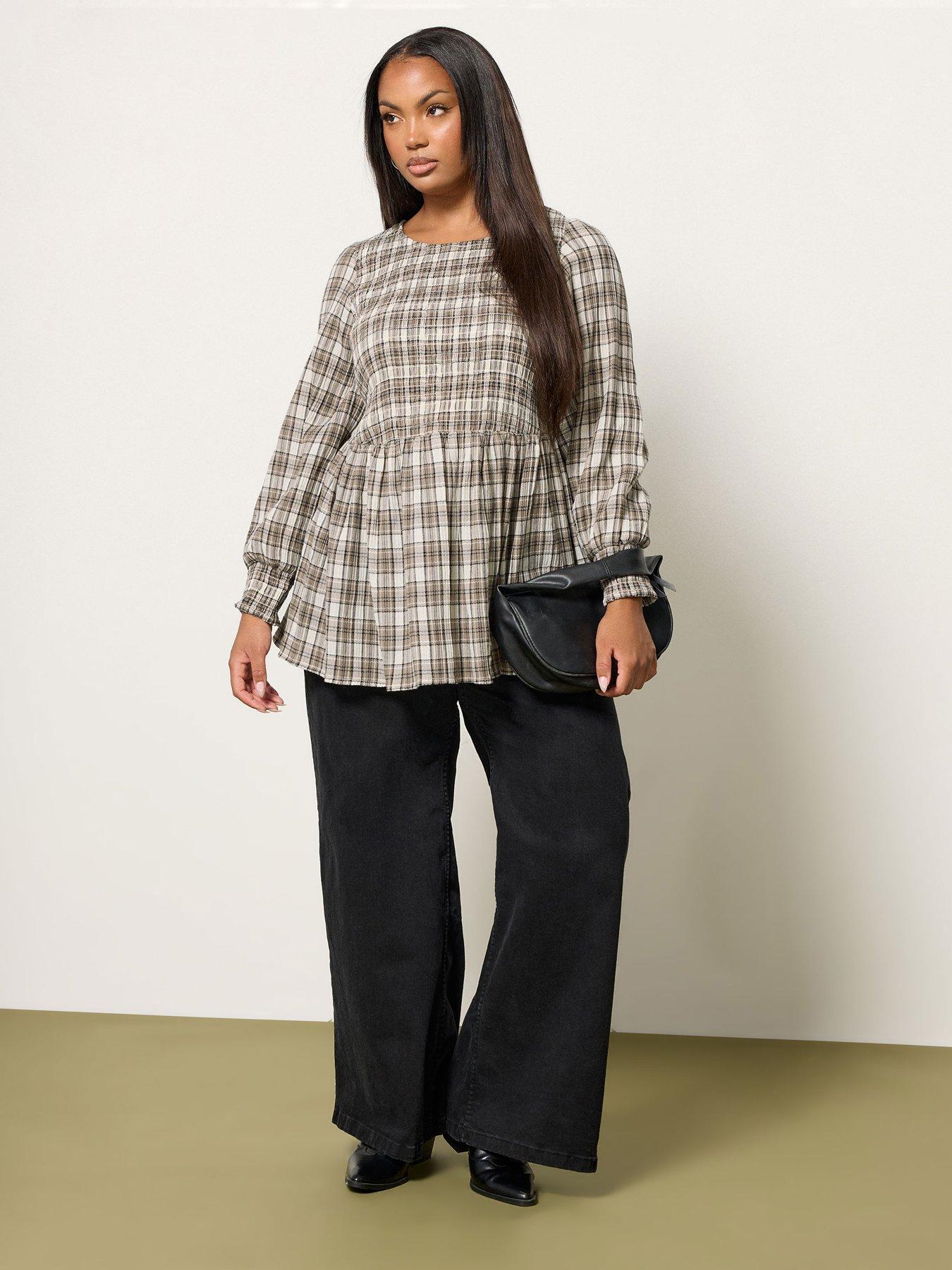 Yours Curve Shirred Textured Check Top - Natural | Very