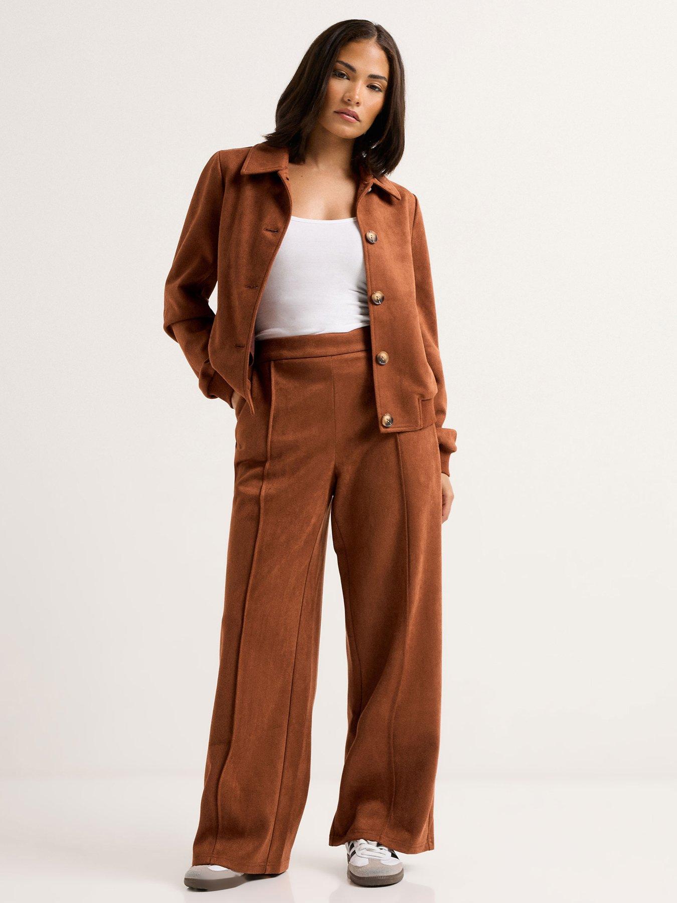 undefined Petite Suedette Wide Leg Trouser - Brown