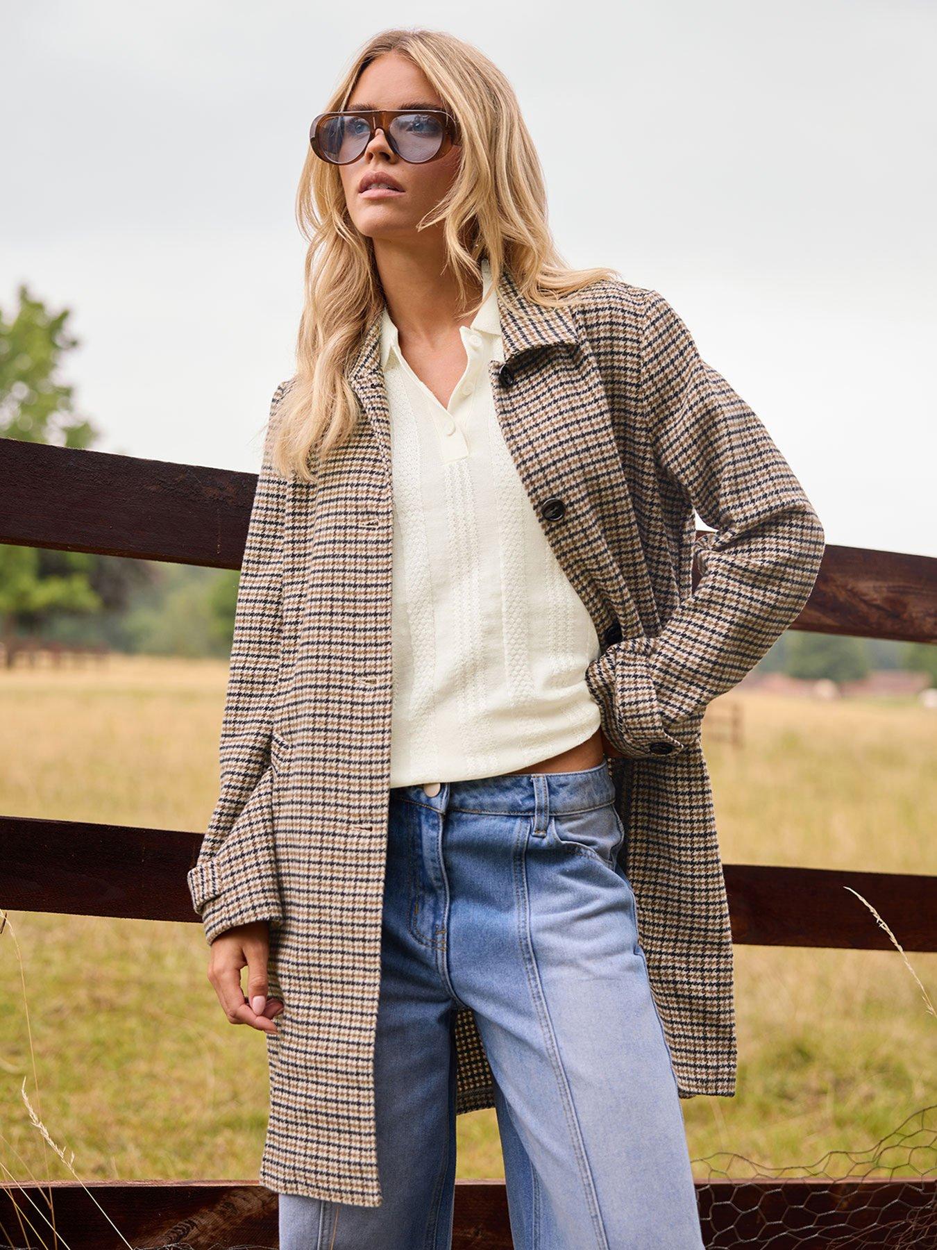 undefined Petite Check Midi Coat - Brown
