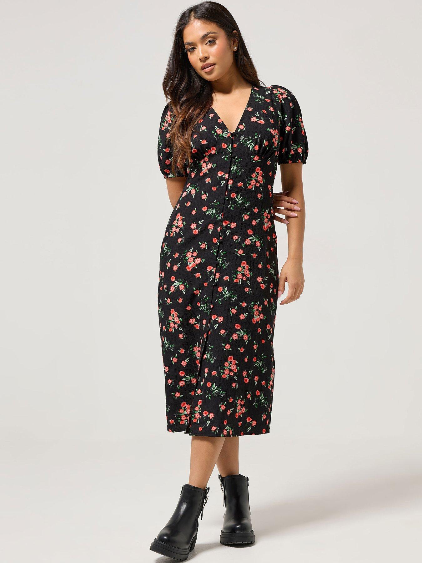 Yours Petite Button Front Midi Tea Dress - Black