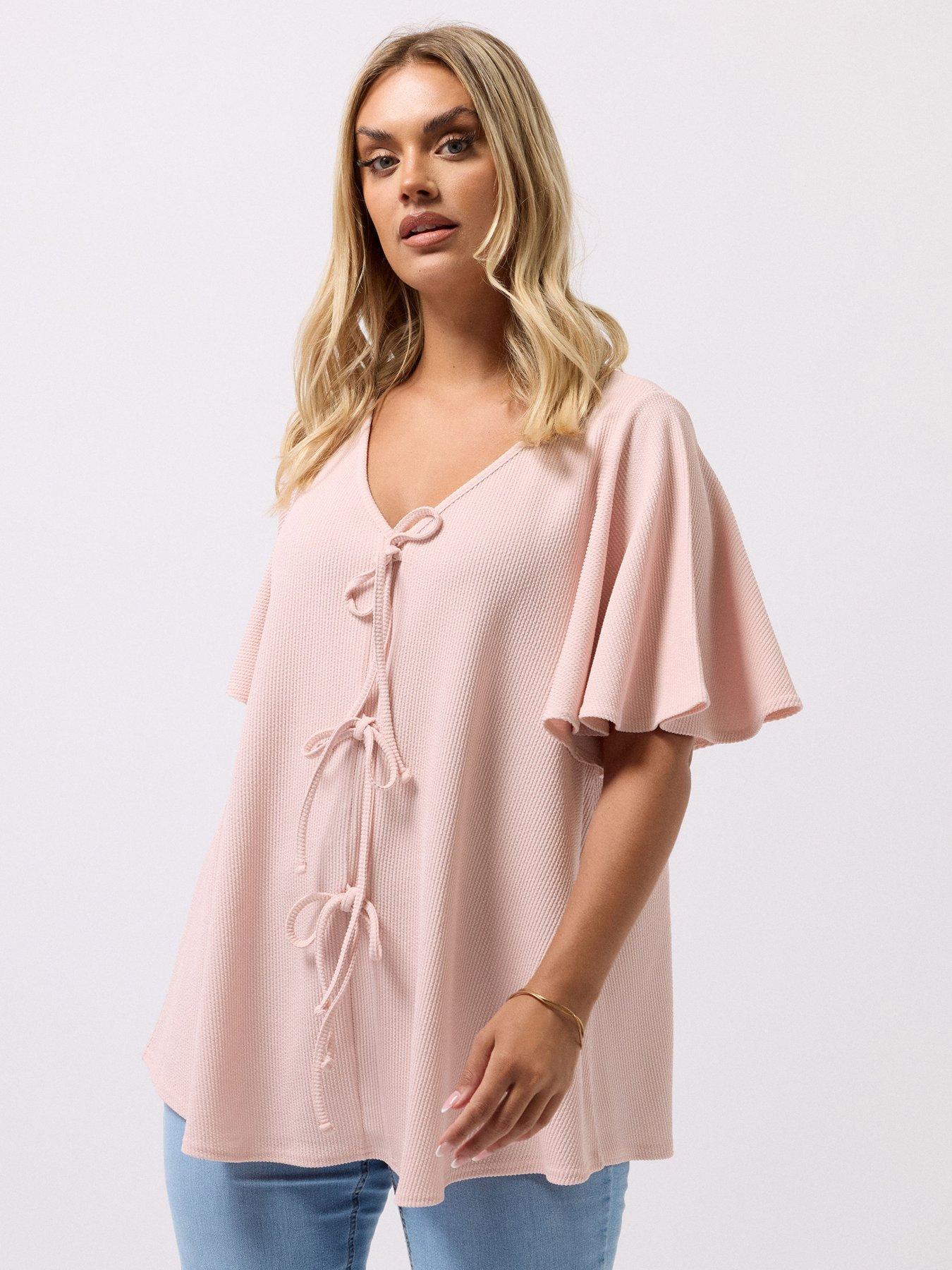 undefined Curve Bow Front Angel Sleeve Top - Pink