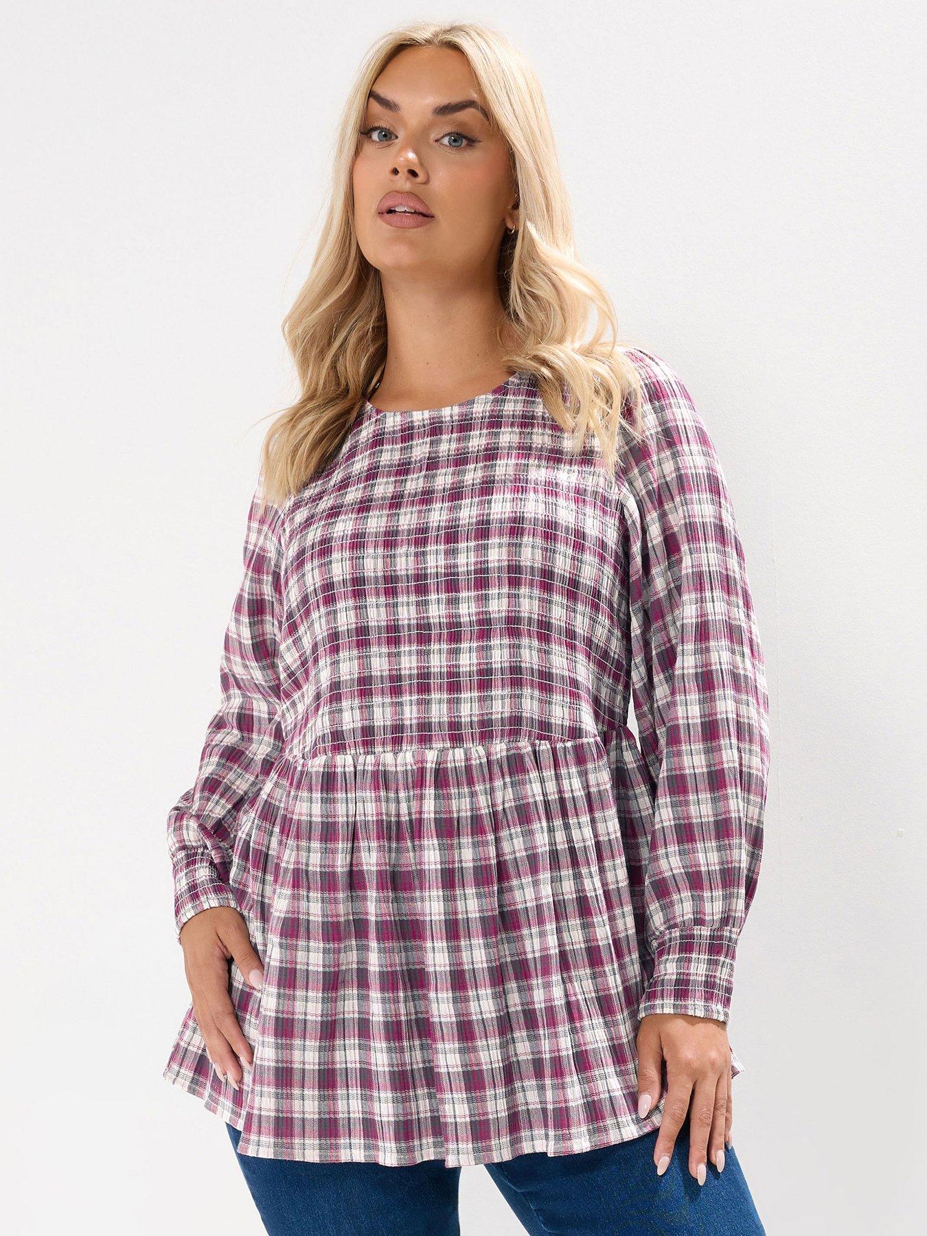 yours-curve-shirred-textured-check-top-pink