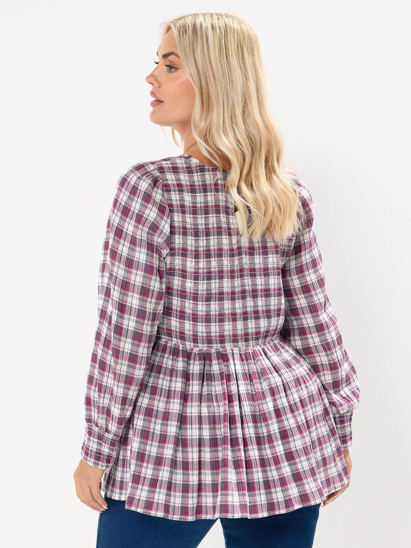 Image 2 of 4 of Yours Curve Shirred Textured Check Top - Pink