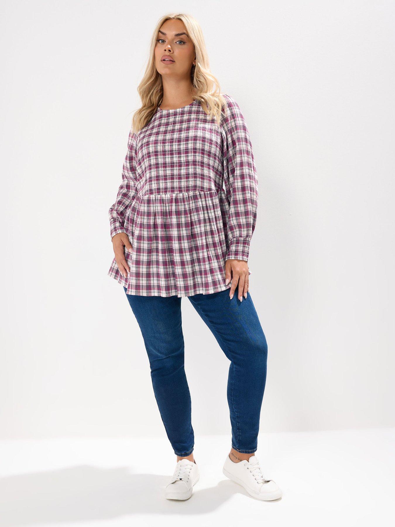 Image 3 of 4 of Yours Curve Shirred Textured Check Top - Pink